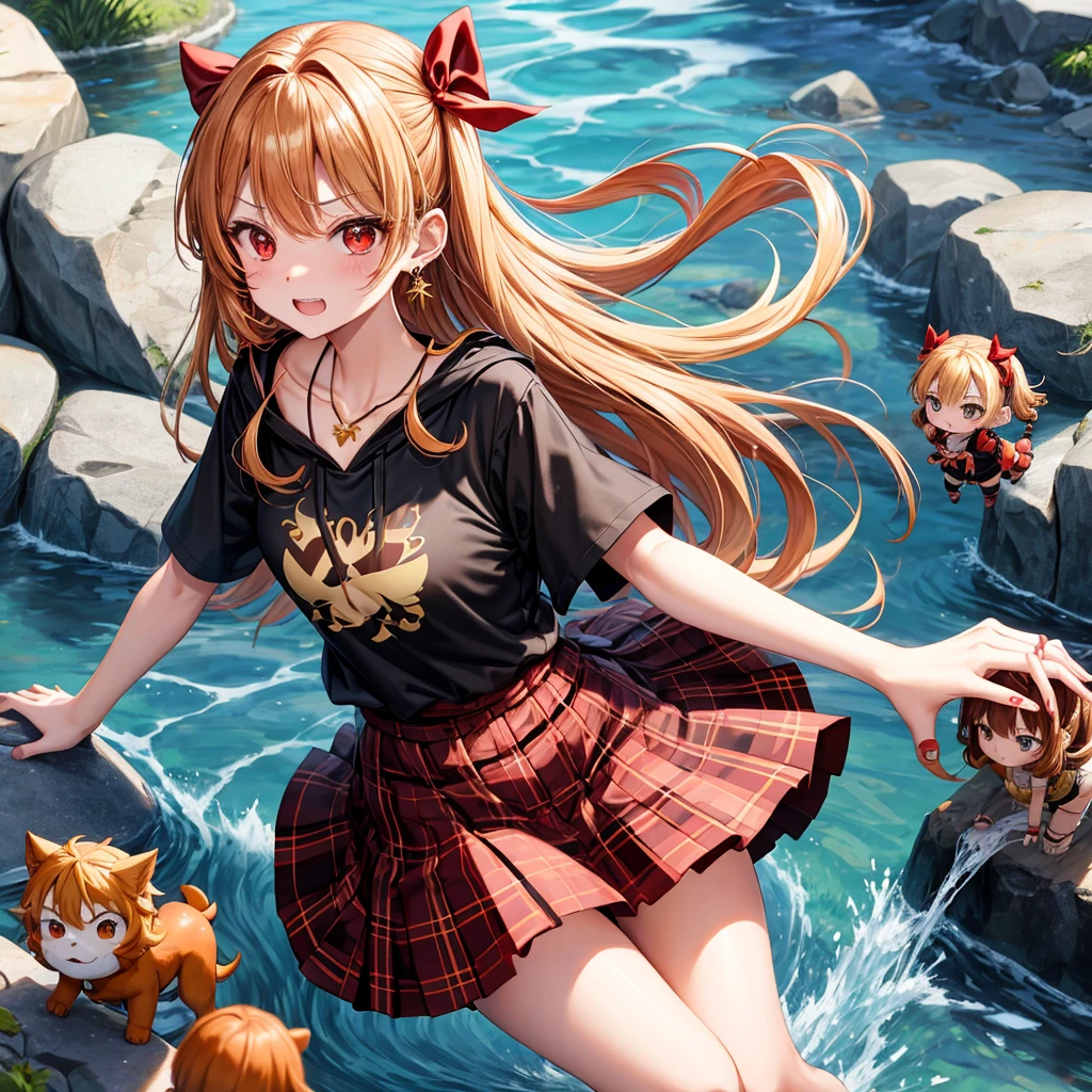 Brown, red, gold, golden hair、red eyes、one good looking girl、solo、anime、plaid mini skirt、black camisole、black t-shirt、hoodie、wearing a ribbon、ribbon at waist、crystal earrings、Gemstone Necklace、Light and shadow、Tilting face、teeth are visible、pillar、evil looking face、Kuroko、Diamond dust、grassland、Water running down the stairs、overflowing、Ants are walking、sulking、is increasing