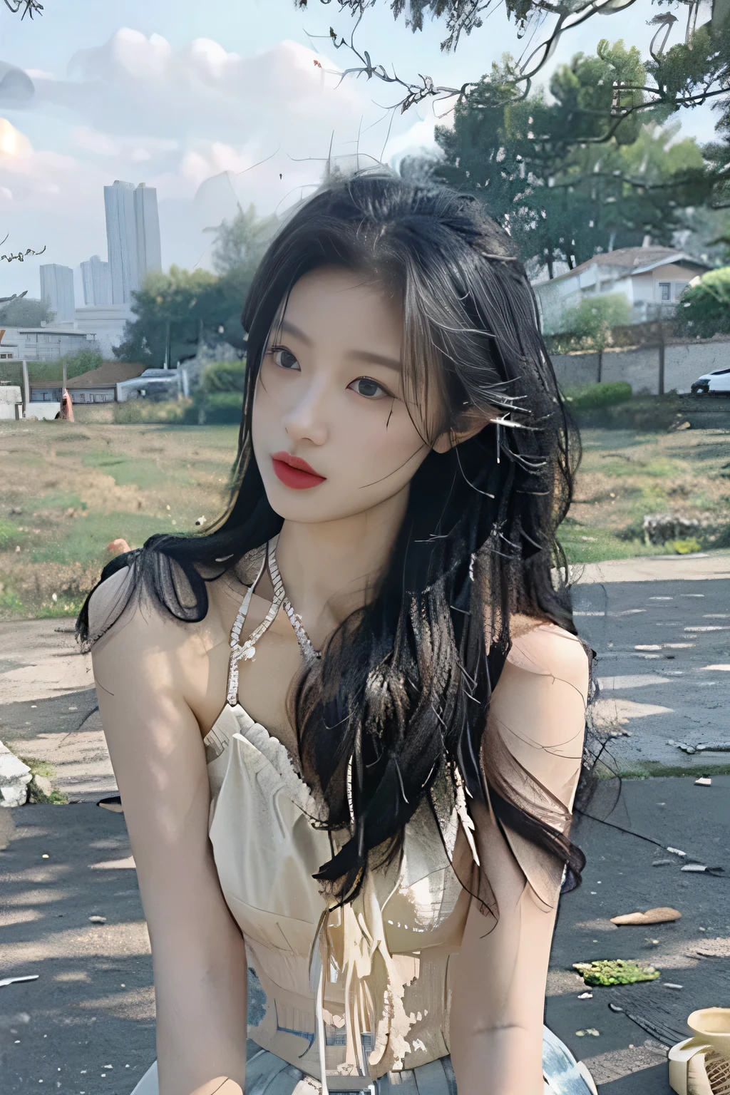 (original photo:1.2), (photoactual:1.4),((Physically based rendering)), best quality,masterpiece,best quality,official art, (actual, photo-actual:1.4), (High detail skin:1),
outdoor, blue sky, city View,
1 girl, whole body, Telephone exchange,tiangtongjiang,
long hair, black hair, red lipstick, split,
bare shoulders, skirt, jewelry, earrings, necklace,underwear,
close up, View, Sonai,