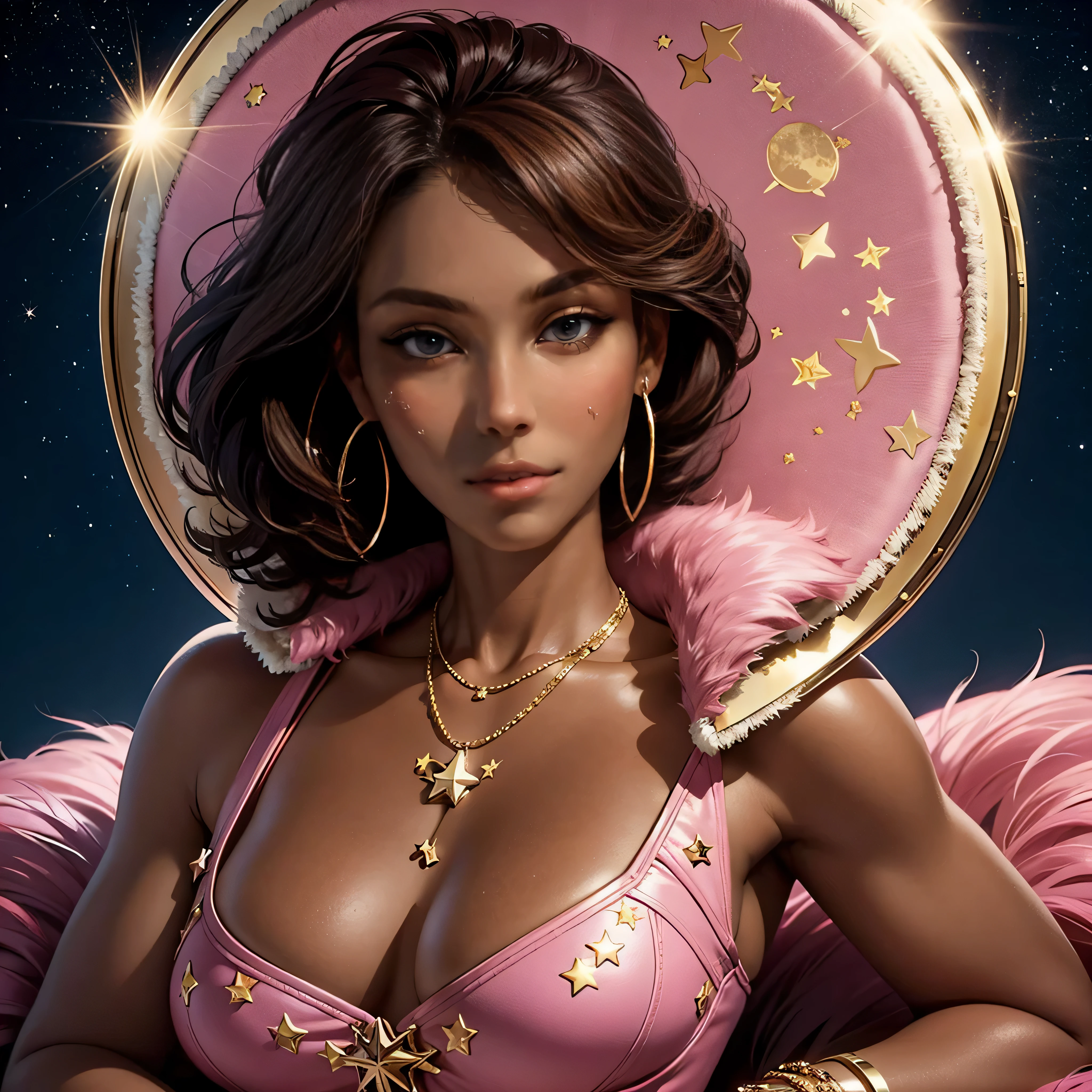 solo , 1woman , 1 mature woman , i need a hot brown skin woman laying on pink fur with a sexy and with moons and stars pattern outfit dealing with winter and blue eyes , hoop earring , solo