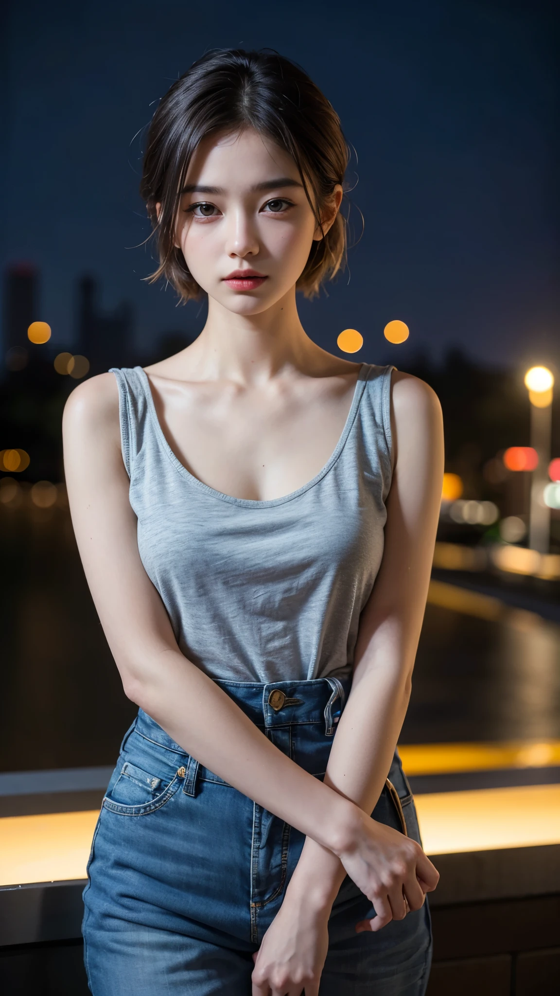 (masterpiece), (highest quality), (highest quality), (most detailed), (Super detailed), ((very delicate and beautiful)), 8K, (Realisticな:1.3),girl,simple,brown eyes,big breasts,City of night,short hair,Beautiful night view,14 years old,生photograph, 1 girl,, short hair,live-action,Realistic,photograph,超Realistic