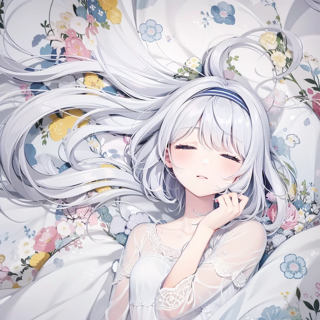 ((masterpiece, best quality))++, Detail lights+, detail hair+, Detail hand+ ,1 girl, long gray hair, dark blue eyes, beautiful eyes, Young gray hair,,(beautiful white hair:1.5),(beautiful eyes), high resolution+, , Glass tones, Reflective eyeanyery detail wallpaper, The original, ,Headband ,,single ponytail,,A girl sleeping at home,Wear a nightgown,closed eyes,Warm colors,the view of the city
