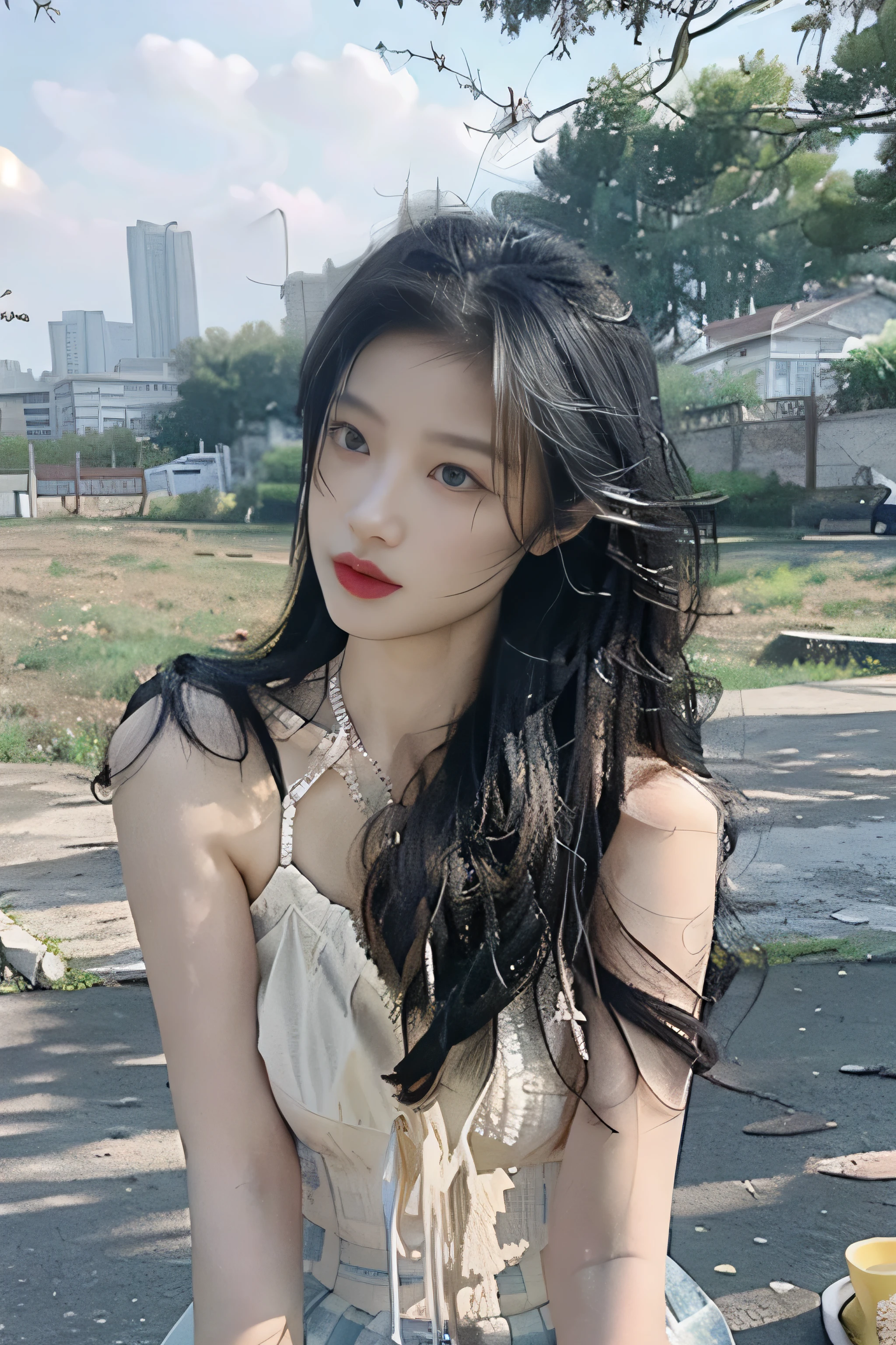 (original photo:1.2), (photoactual:1.4),((Physically based rendering)), best quality,masterpiece,best quality,official art, (actual, photo-actual:1.4), (High detail skin:1),
outdoor, blue sky, city View, 
1 girl, whole body, Telephone exchange,tiangtongjiang,
long hair, black hair, red lipstick, split, 
bare shoulders, skirt,  jewelry, earrings, necklace,underwear, 
close up, View, Sonai,
