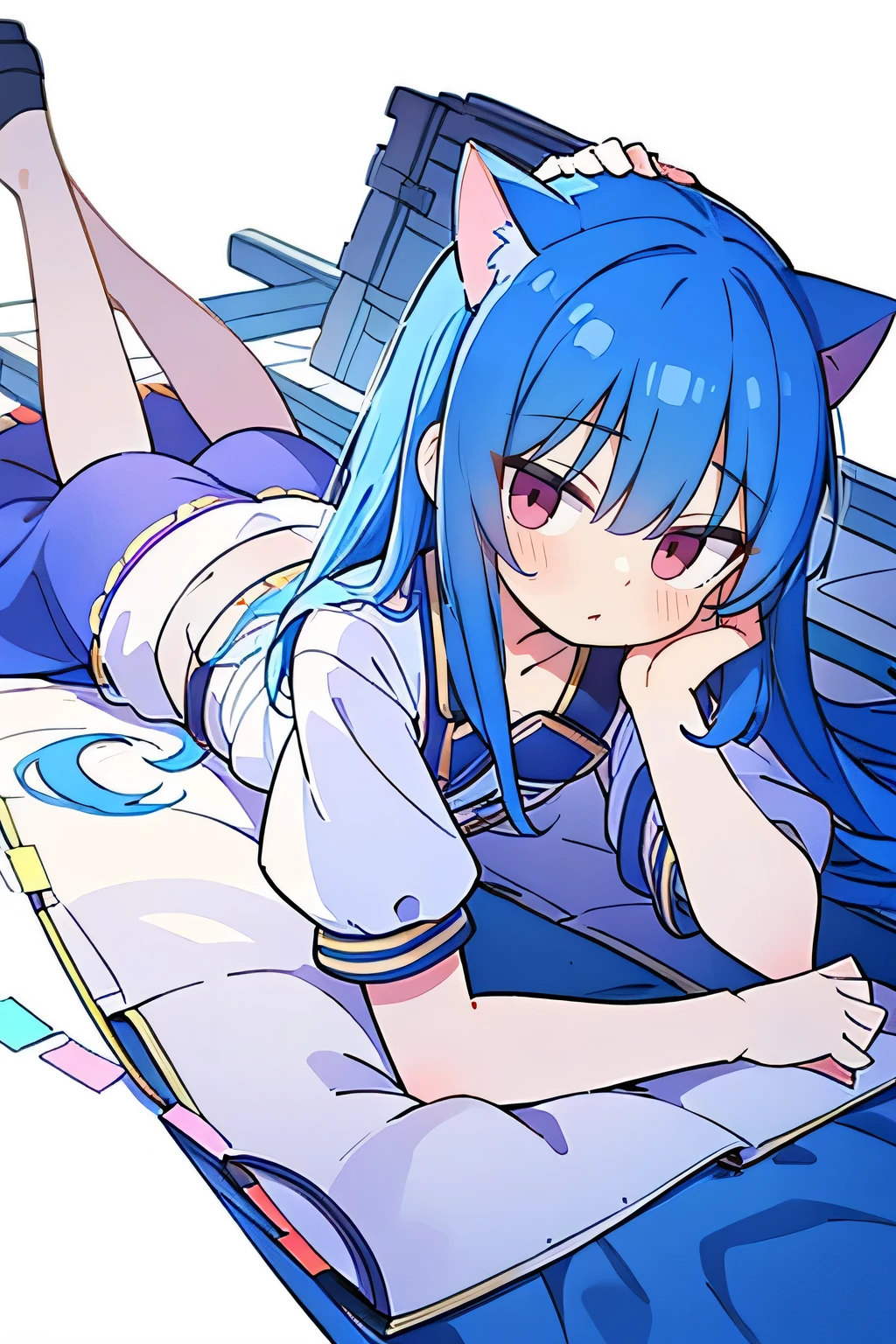 (Masterpiece), best quality, expressive eyes, perfect face, 1girl,
 Put one hand on the head, fair skin, gorgeous, Japanese comics, girl, Lola, young angel, blue hair, blue hair, flowing clothes,, lay down, lying on the ground, legs on the ground, flat chest, cat ears,