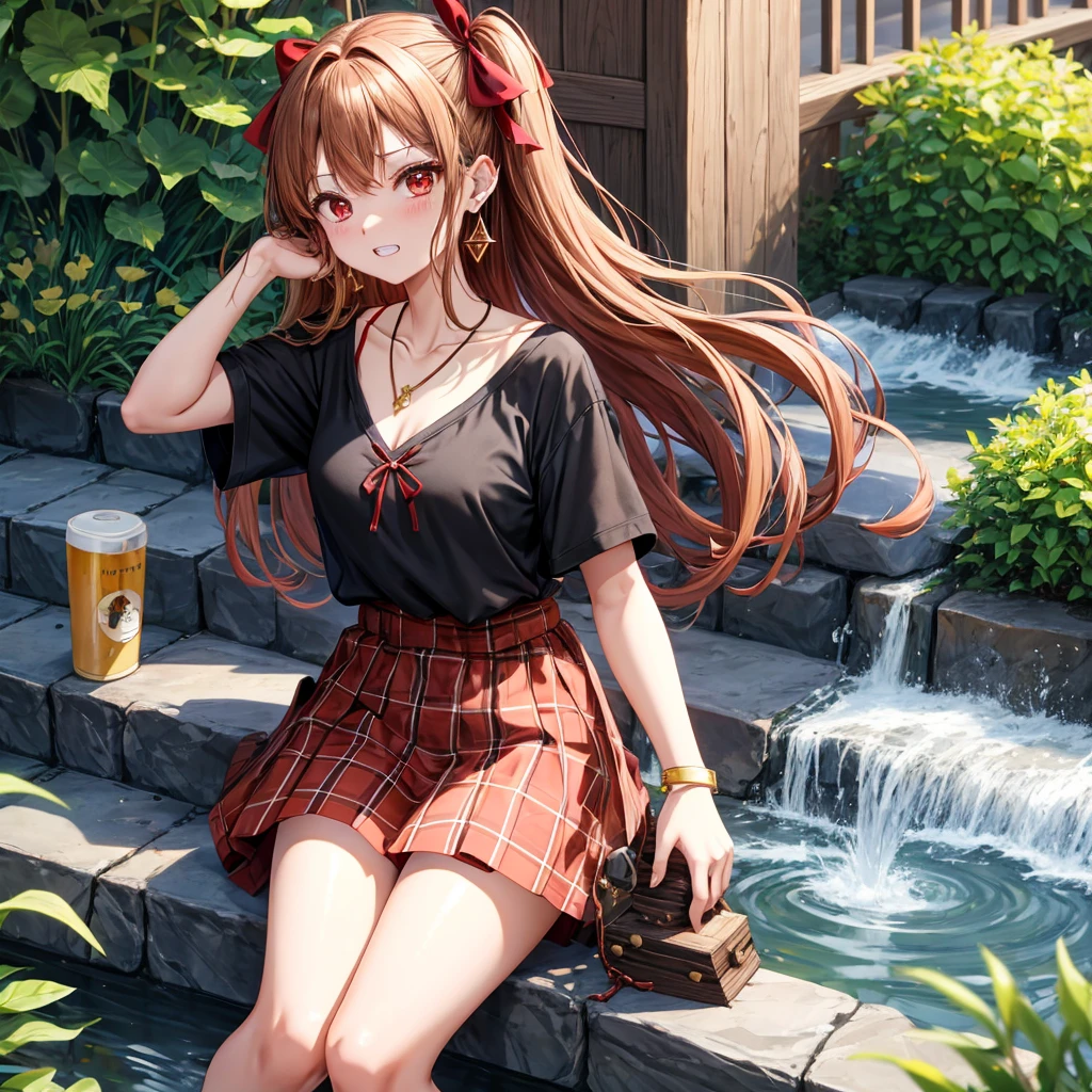 Brown, red, gold, golden hair、red eyes、one good looking girl、solo、anime、plaid mini skirt、black camisole、black t-shirt、hoodie、wearing a ribbon、ribbon at waist、crystal earrings、Gemstone Necklace、Light and shadow、Tilting face、teeth are visible、pillar、evil looking face、Kuroko、Diamond dust、grassland、Water running down the stairs、overflowing、Ants are walking、sulking、is increasing
