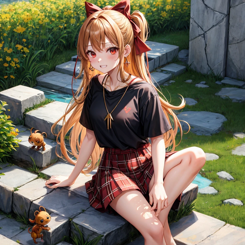 Brown, red, gold, golden hair、red eyes、one good looking girl、solo、anime、plaid mini skirt、black camisole、black t-shirt、hoodie、wearing a ribbon、ribbon at waist、crystal earrings、Gemstone Necklace、Light and shadow、Tilting face、teeth are visible、pillar、evil looking face、Kuroko、Diamond dust、grassland、Water running down the stairs、overflowing、Ants are walking、sulking、is increasing