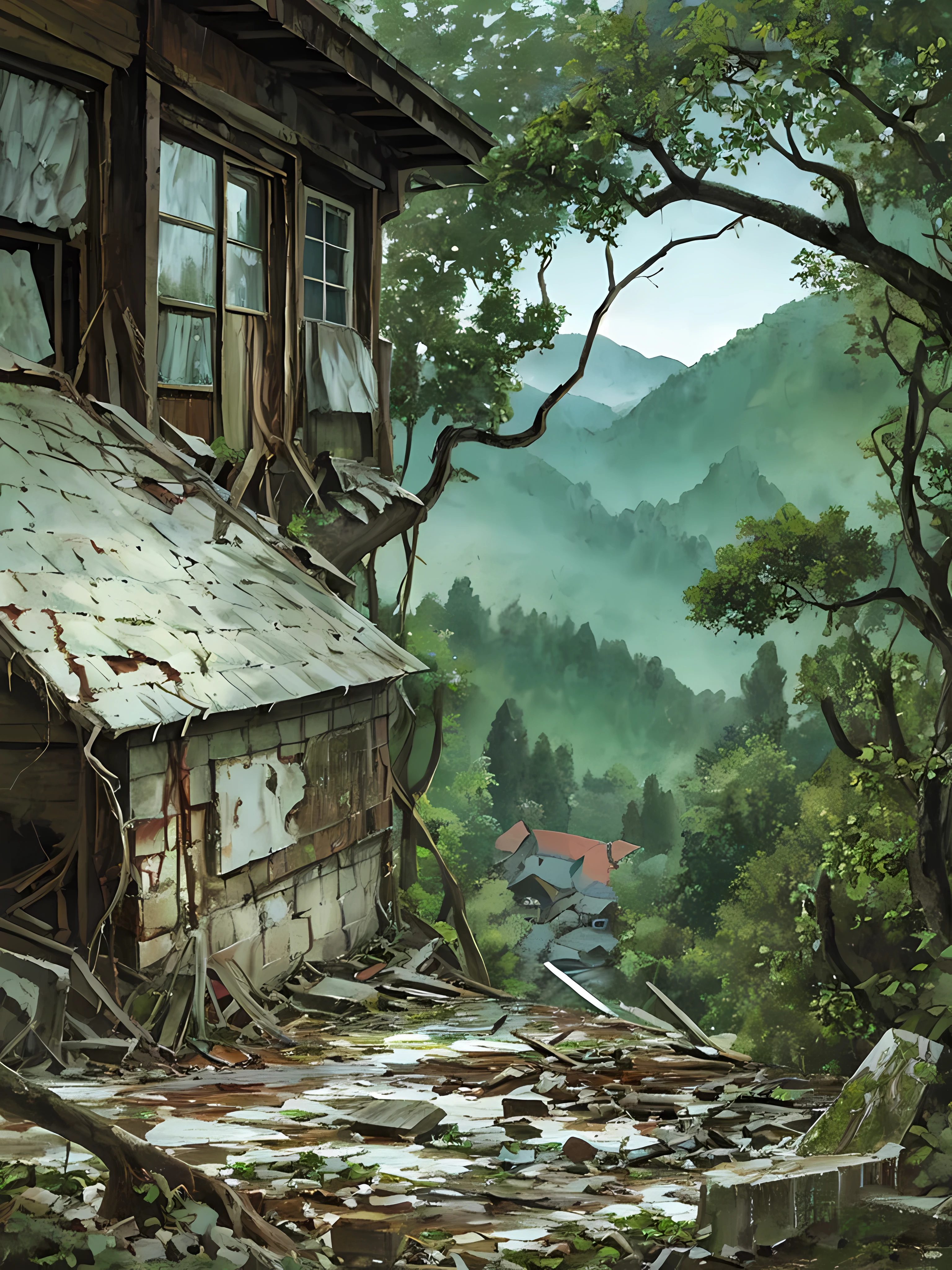 Amidst the chaos of a landslide, a grim house teeters on the edge of a cliff. Its once vibrant paint now dulled by the relentless forces of nature. The roof, a jumbled mess of tiles and debris, threatens to give way at any moment. The windows, shattered and cracked, offer a glimpse into the disorder within. The front door, slightly ajar, beckons, inviting tearful memories from those who once called it home. A lone tree, rooted in the ground, clings to the side of the house, its branches reaching out in an attempt to save what was once a sanctuary. The landscape beyond the house is a picture of destruction, with