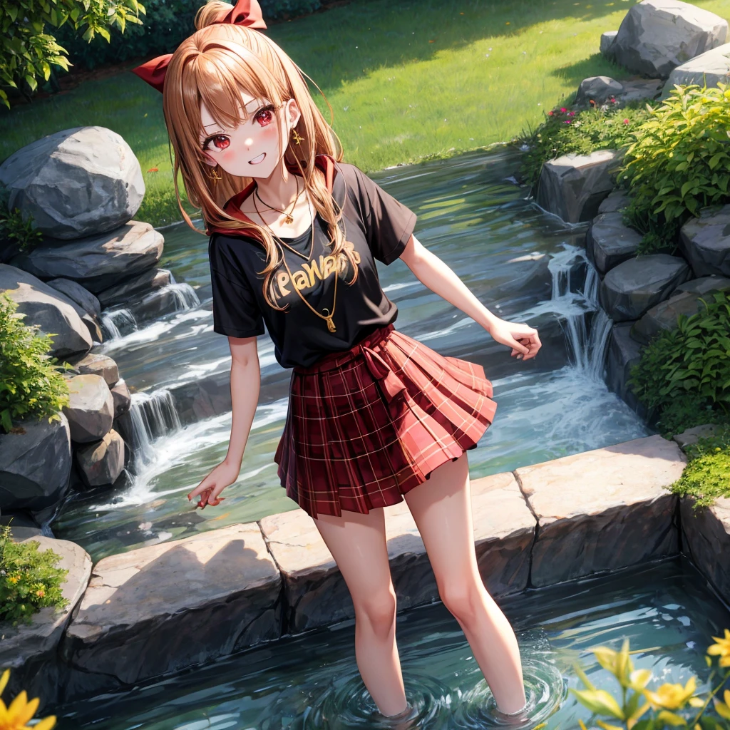 Brown, red, gold, golden hair、red eyes、one good looking girl、solo、anime、plaid mini skirt、black camisole、black t-shirt、hoodie、wearing a ribbon、ribbon at waist、crystal earrings、Gemstone Necklace、Light and shadow、Tilting face、teeth are visible、pillar、evil looking face、Kuroko、Diamond dust、grassland、Water running down the stairs、overflowing、Ants are walking、sulking、is increasing