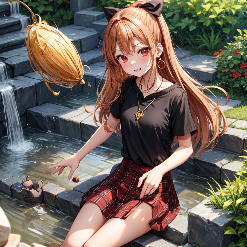 Brown, red, gold, golden hair、red eyes、one good looking girl、solo、anime、plaid mini skirt、black camisole、black t-shirt、hoodie、wearing a ribbon、ribbon at waist、crystal earrings、Gemstone Necklace、Light and shadow、Tilting face、teeth are visible、pillar、evil looking face、Kuroko、Diamond dust、grassland、Water running down the stairs、overflowing、Ants are walking、sulking、is increasing