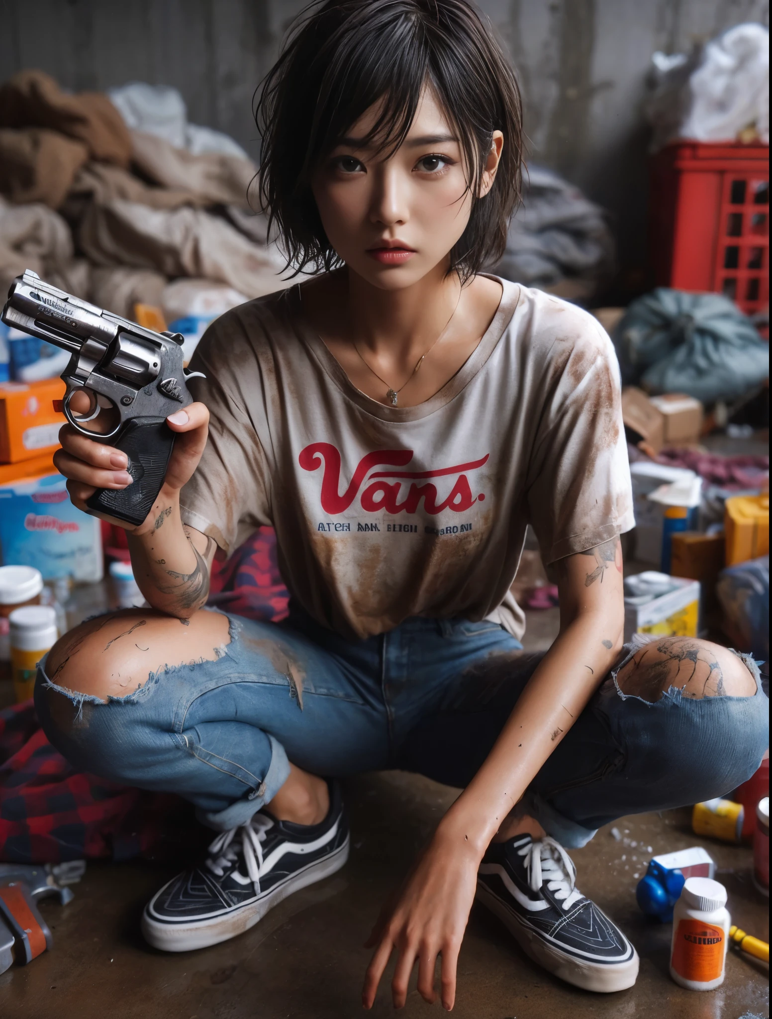 ８K,realistic photo、realistic skin texture、A beautiful Japanese woman living in America＆He turns around holding a Wesson M442 compact revolver.、Dirty and torn oversizedＴshirt、baseball cap、Dirty high-top Vans sneakers、Holding a skateboard in one hand、It's raining and your clothes are wet、A town in chaos、face、moving action pose、cool composition、tattoo