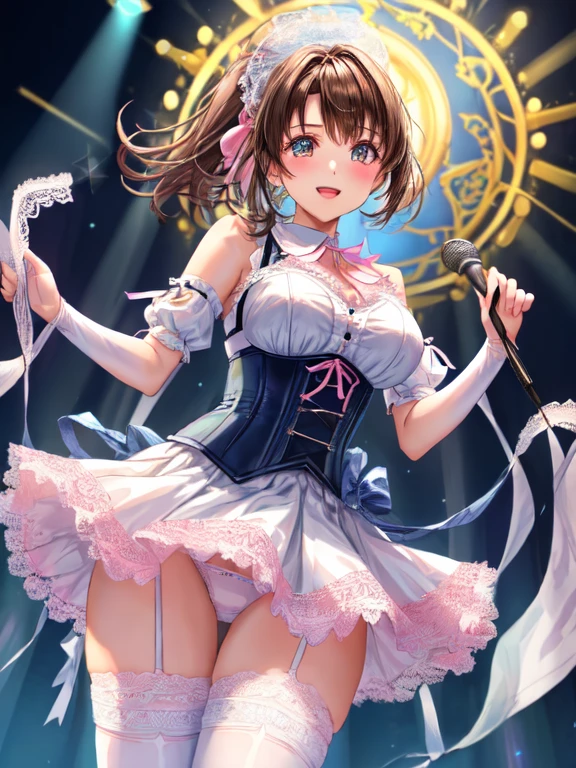 sing、have a microphone, dancing、big smile、adult woman、The exact number of fingers、Exact number of legs、Exact number of arms、bangs, yours、Ribbon Ponytail, brown hair、white and navy idol costume、The costume comes with a navy blue idol-style corset.., The costume has a ribbon attached to its collar..、It is a costume that covers up to the shoulders., side, upper arm, and arms., That costume only opens wide at the chest..、high socks、white idol style skirt, (Underwear with elaborate and luxurious decorations:1.3), Ribbon at collar., (White and pink panties with lots of lace:1.3), white lace bra:1.2), sexy underwear, Thighhighs、 beautiful big breasts, (erect nipples:1), The skirt is flipped by the wind、highest quality, High resolution, (fine and beautiful eyes:1.6), highly detailed face, perfect lighting, Very detailed CG, (perfect hands, perfect anatomy)、(live stage、a lot of spectators:1.3)、whole body
(white horizontal lace panties:1.1), (skirt lift:0.97), (shirt lift:0.96), show off panties、(show off your bra:0.94)
