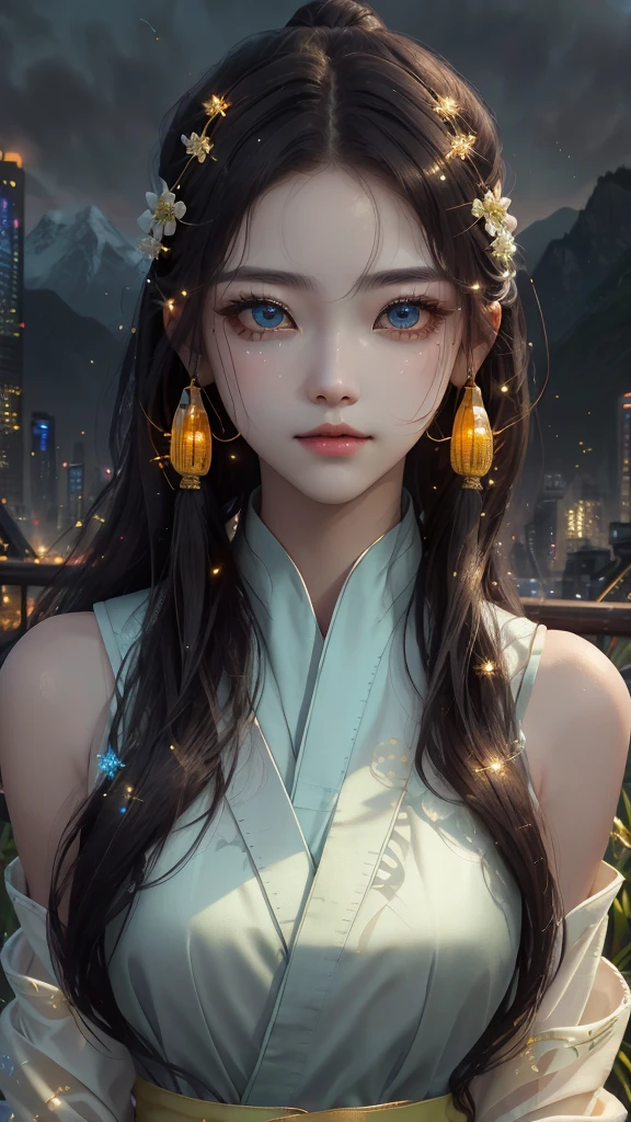 best quality, masterpiece, highres,
1girl, Detailed face, (Upper body:1.6), Cyber cities, mountains and rivers, night, firefly lights, Realistic, rich in detail, (White hanfu:1.2), (beautiful body:1.4),