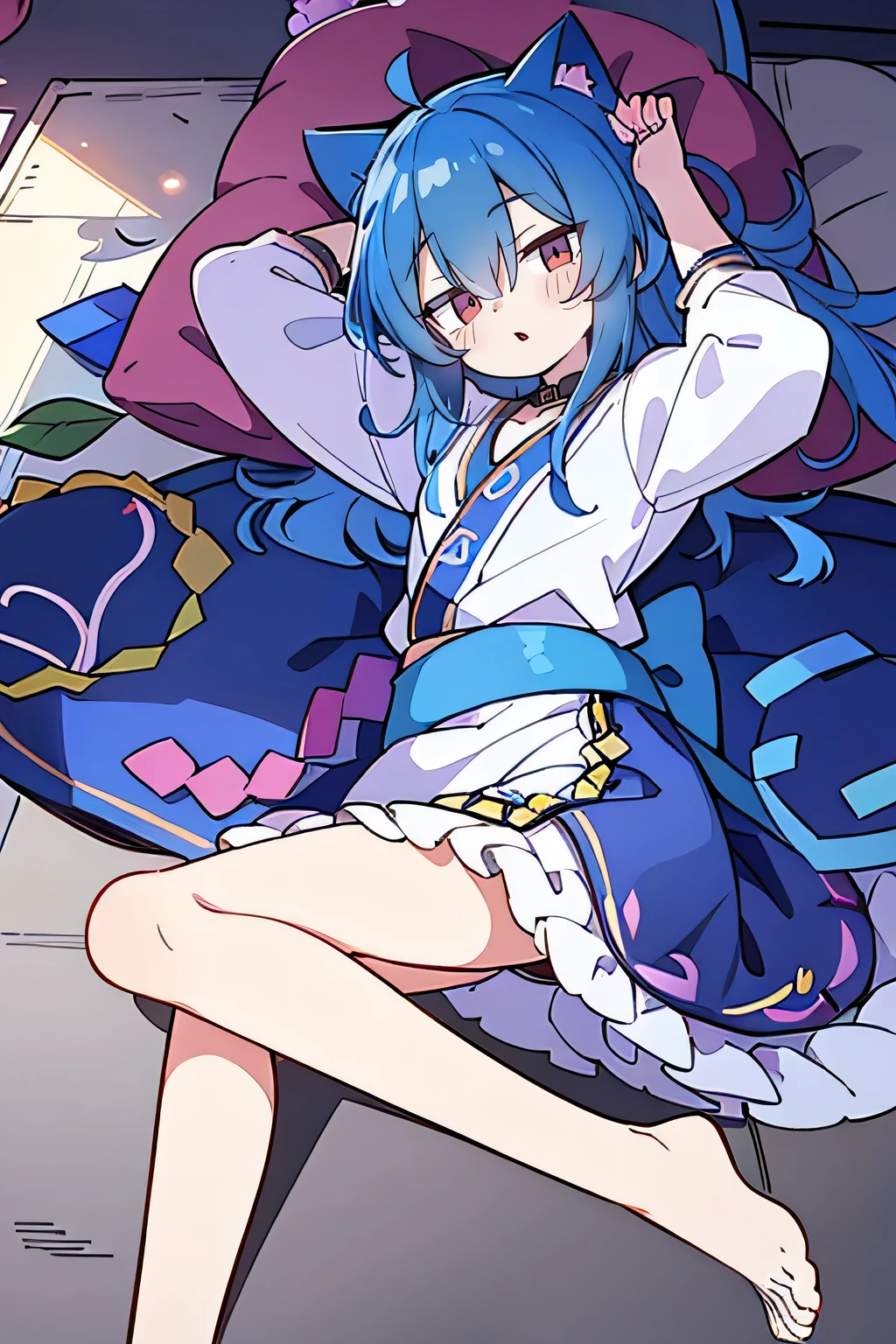 (Masterpiece), best quality, expressive eyes, perfect face, 1girl,
Put one hand on the head, fair skin, gorgeous, Japanese comics, girl, Lola, young angel, blue hair, blue hair, flowing clothes,, lay down, lying on the ground, legs on the ground, flat chest, cat ears,