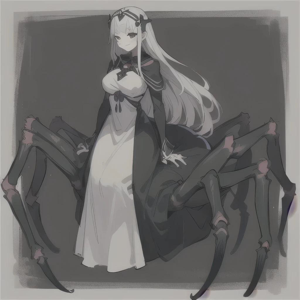 1girl, arachne, black arachnid, full body, priestess, dress, eight black spider legs, silver hair, happy