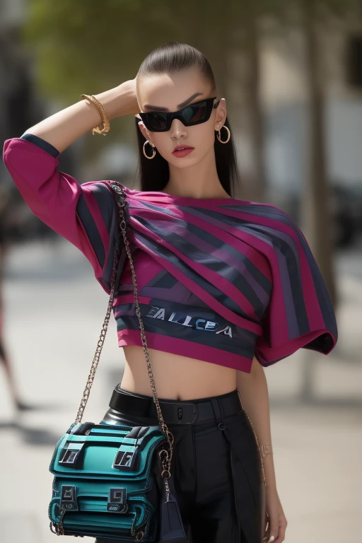 arafed woman with a black purse and a shirt, photo cyberpunk of  20 y. o Russian model girl  in fachion clothes  in (Balenciaga style:1.48) and constructivist style, punk (desing t-shirt), [[intricate detail]],  in color (red:0.9), (blue:0.7), (gray:1.0), (black:1.1), ((streets fashion style)), ((full length)), (high detail skin:1.3), designer, official prada editorial, illustrative!!, aztec street fashion, eva elfie, waist - shot, dior campaign, sha xi, wearing a designer top, patterned clothing, lv, 8k uhd, dslr, soft lighting, high quality, film grain, Fujifilm XT