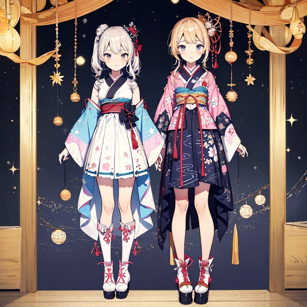 1girl、vtuber-fullbody、Star Fairy、masterpiece、official art、Super detailed、super beautiful、かわいいStar Fairy、white straight short hair、Milky Way、universe、star charm、star、、Knee-high boots、Japanese pattern dress、A beautiful girl wearing black and white clothes that are a remake of a yukata.、universeを思わせるOiranフリルドレス、Oiran、Box Pleats Mini、