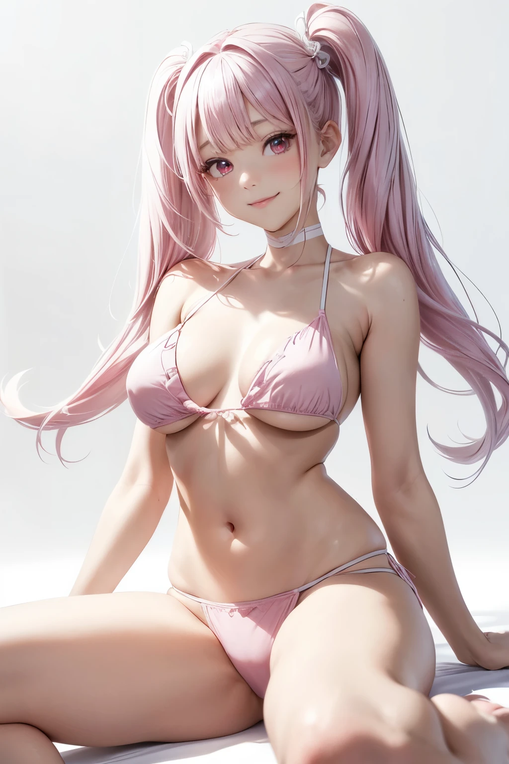 (8K, masutepiece, Highest Quality, Best Quality, Official art, Breathtaking beauty and aesthetics, A highly detailed, The best masterpiece in history that exceeds limits, Breathtaking and beautiful lighting:1.2), (1 Absolute Beautiful Girl, Solo:1.3), , (shiny white skin), (pink twin tail hair, Bangs:1.5), (adolable big pink eyes, drooing eyes:1.5), (simple bikini:1.3), Attractive, amazing, Beautiful smile, Gentle smile, Beautiful, Elegant, Luxurious, magnifica, Eye-catching, the ultimate beauty, Supreme Beauty, Superlative beauty, Elegant, Beauty, Graceful, Everyone loves it, Beauty that fascinates everyone, Healed, The highest level of complete beauty, cute like an idol, Stylish like a fashion model, An innocent smile like an angel, Goddess-like grace, Be loved, cute little, adolable, Look at the camera, cute little pose, Happy, (white background:1.5),