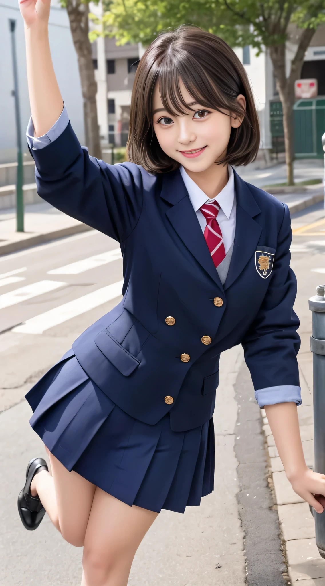 ((full body shot))、realistic,photorealistic,Super detailed,perfect shading,shiny skin,Big eyes、long eyelashes、Neat and clean hairstyle、smile、open your mouth、School Life,,girl,light smile,schoolyard、standing alone、Split pose with one leg raised、complete anatomy