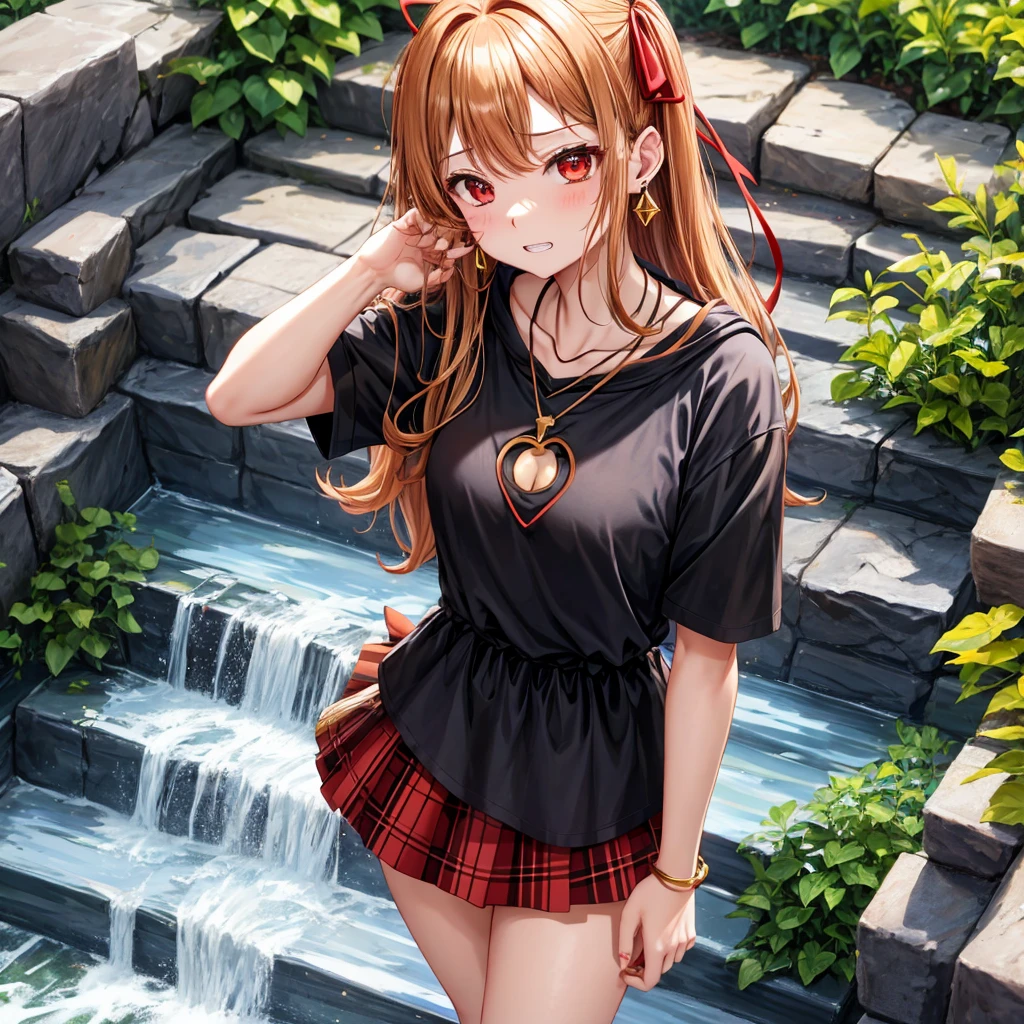 Brown, red, gold, golden hair、red eyes、one good looking girl、solo、anime、plaid mini skirt、black camisole、black t-shirt、hoodie、wearing a ribbon、ribbon at waist、crystal earrings、Gemstone Necklace、Light and shadow、Tilting face、teeth are visible、pillar、evil looking face、Kuroko、Diamond dust、grassland、Water running down the stairs、overflowing、Ants are walking、sulking、is increasing