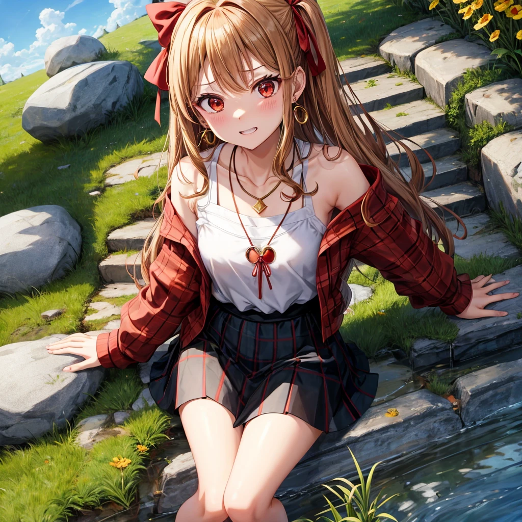 Brown, red, gold, golden hair、red eyes、one good looking girl、solo、anime、plaid mini skirt、black camisole、black t-shirt、hoodie、wearing a ribbon、ribbon at waist、crystal earrings、Gemstone Necklace、Light and shadow、Tilting face、teeth are visible、pillar、evil looking face、Kuroko、Diamond dust、grassland、Water running down the stairs、overflowing、Ants are walking、sulking、is increasing