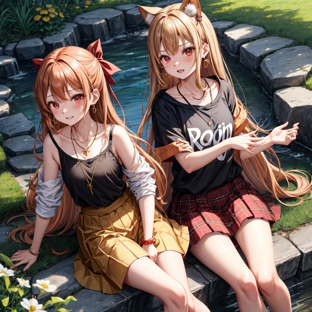 Brown, red, gold, golden hair、red eyes、one good looking girl、solo、anime、plaid mini skirt、black camisole、black t-shirt、hoodie、wearing a ribbon、ribbon at waist、crystal earrings、Gemstone Necklace、Light and shadow、Tilting face、teeth are visible、pillar、evil looking face、Kuroko、Diamond dust、grassland、Water running down the stairs、overflowing、Ants are walking、sulking、is increasing