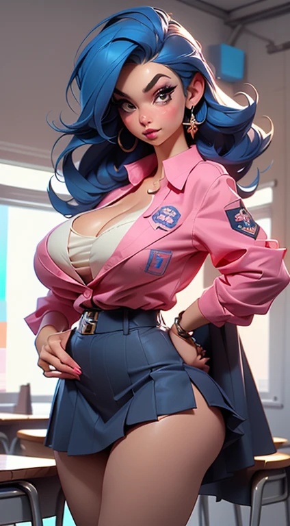 POV: ((((Super huge enormously gigantic breasts, cleavage showing)))) blue hair, school girl uniform and school girl skirt, lace panties, skinny, slim thick, small waist, 8k, UHD, (accentuated super huge enormously gigantic , sexy seductive slutty pose), school classroom background 