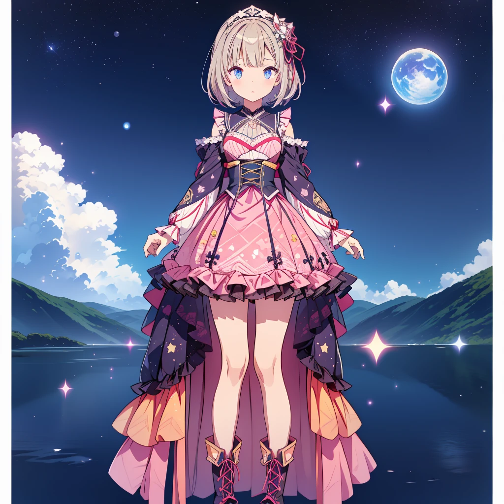 1girl、lower body shot、Focus on boots、vtuber-halfbody、Star Fairy、「A beautifully printed galaxy patterned kimono and gothic lolita outfit.、Space pattern box pleated mini skirt with ruffles、Front view portrait、Knee-high boots、enchanting eyes、Perfect and stunning face、exquisite details、clear image、highest quality。」short hair、