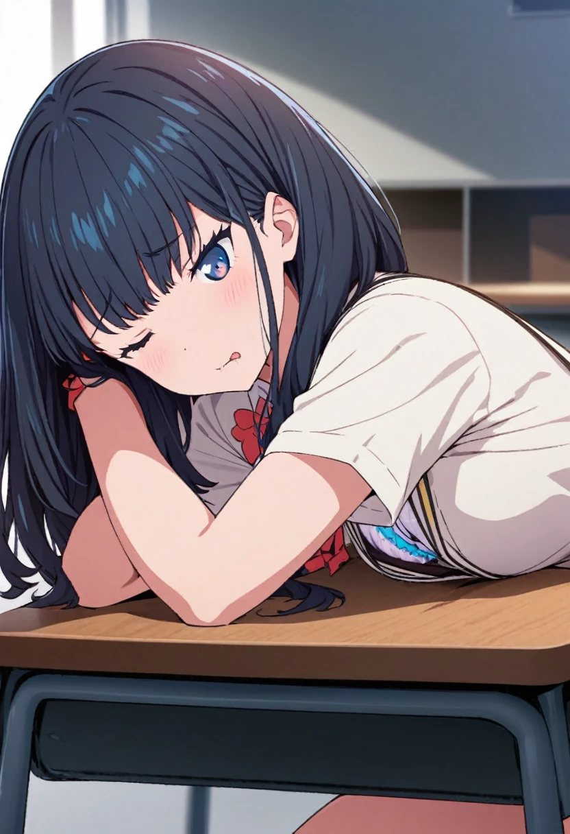 High-definition,high resolution,8k.perfect face,perfect figure, 1 girl.solo,TaKarada rikka_ssss.GRIdMAN.Inside the school, She is sleeping face down on the desk, her face is on the side, drool is coming out of her mouth, and her bra is slightly visible.