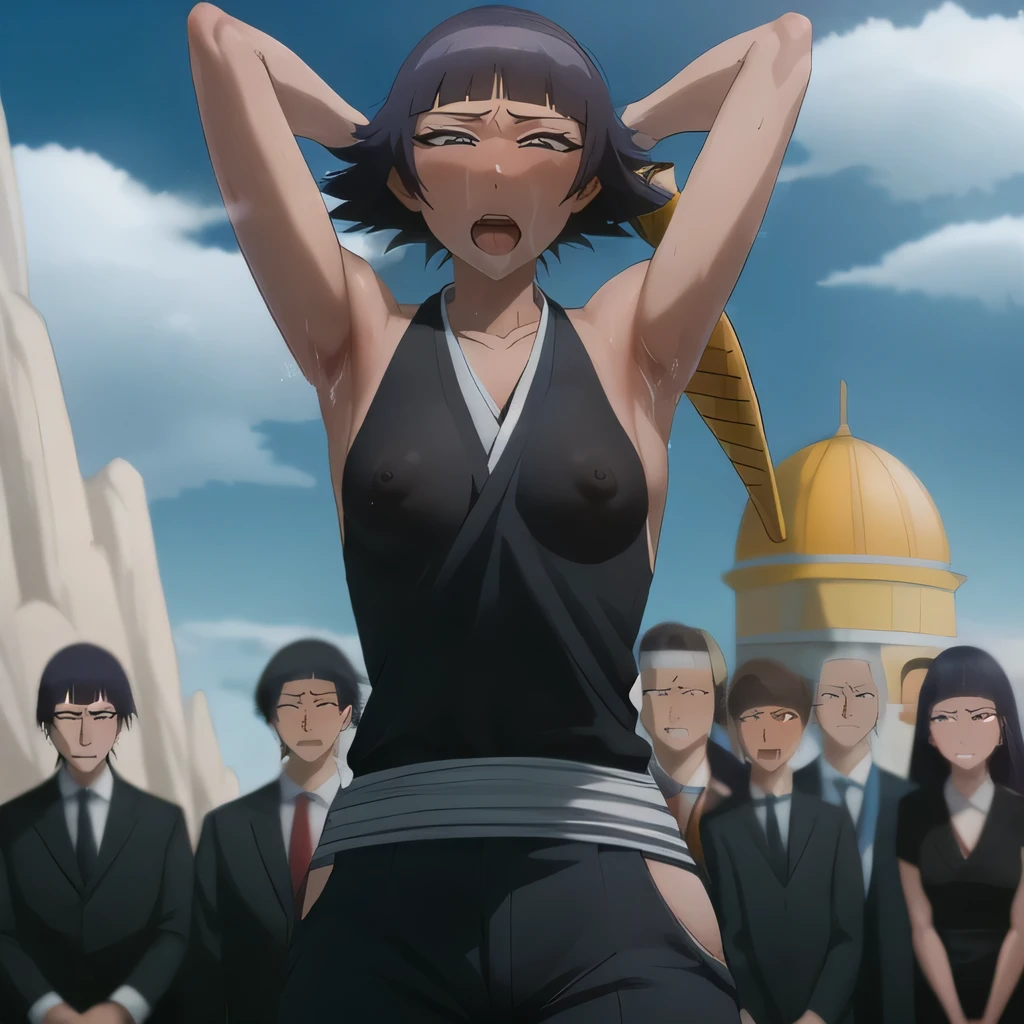 ( Animation screenshots:1.1),(best quality), (Super detailed), outdoor, Nipples exposed, 1 female,coquettish, sexy, , alone, black hair, side breasts,japanese clothing, - Hip vents, small breasts, No eyeballs, Also available in black, facing the audience, looking at the audience, tired, from below, (Exposed armpit:1.1), ((armpit:1.2)), sexy, Sweat dripping, More and more sweat,(ahegao), (Roll your eyes), naughty face, blush, open mouth, Sticking out tongue, saliva, Slobber,Runny nose,skinny, raise arms, (arms above head:1.5)