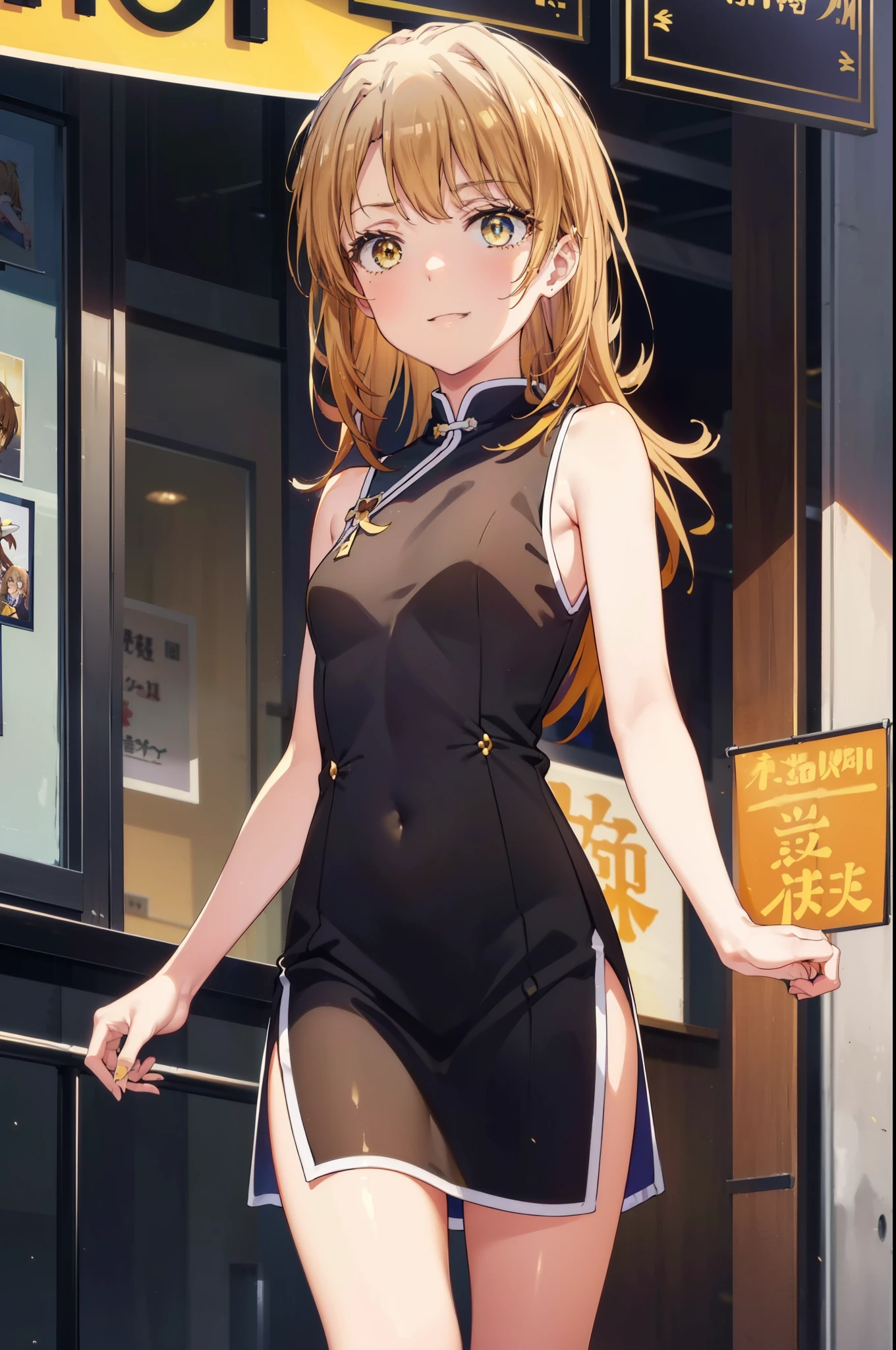 irohaisshiki, iroha isshiki, long hair,brown hair,,(brown eyes:1.5), happy smile, smile, open your mouth,Bare arms sleeveless yellow cheongsam,Yellow long slit,black pantyhose,stiletto heels,whole bodyがイラストに入るように,
break indoors, Chinese Restaurant,
break looking at viewer,whole body,(cowboy shot:1.5),
break (masterpiece:1.2), highest quality, High resolution, unity 8k wallpaper, (shape:0.8), (fine and beautiful eyes:1.6), highly detailed face, perfect lighting, Very detailed CG, (perfect hands, perfect anatomy),