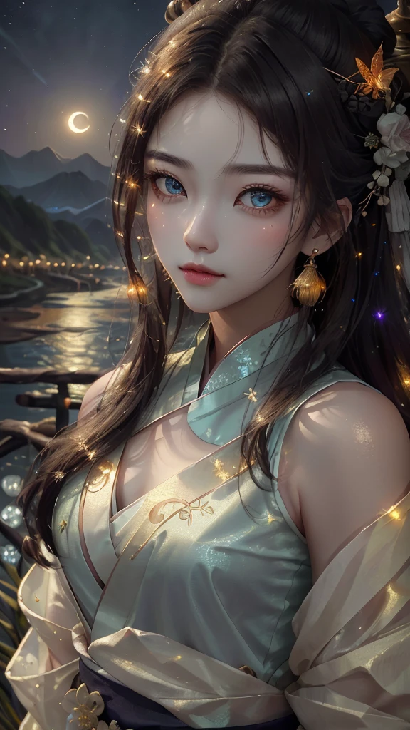 best quality, masterpiece, highres,
1girl, Detailed face, (Upper body:1.6), Chinese cities, mountains and rivers, end of sunset, moonlight, starry night, firefly lights, Realistic, rich in detail, (White hanfu:1.2), (beautiful body:1.4), epic, intricate
