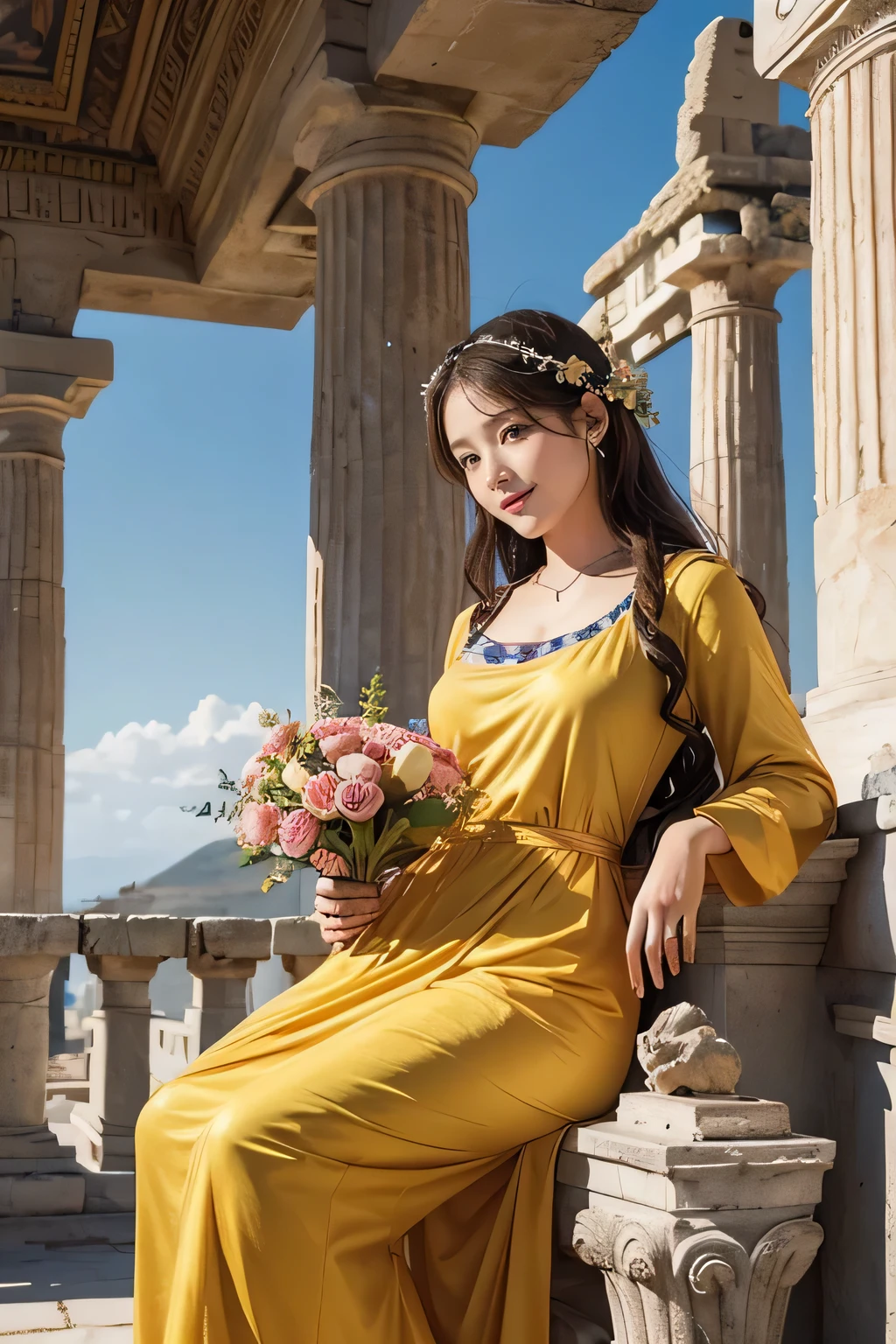 ull body portrait or statue、Giorgione painting style,Arguments of two female Philosophe,math、astronomical machine、astronaut、roses in vase、fruits、Cute trinkets、smile、ancient greek costume、Ancient Roman landscap