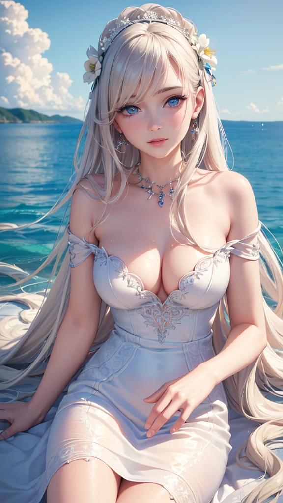 (best quality, masterpiece:1.2), ultra-detailed, (realistic, photo-realistic:1.37), portrait, female, beautiful, maturing, lovely, detailed face, blue eyes, rosy lips, porcelain skin, long flowing hair, feminine features, delicate flowers, pure white dress, aesthetic clouds, sparkling water, colorful palette, photorealistic, soft lighting, partially underwater shot, 4k, 8k, highres, masterpiece, award winning