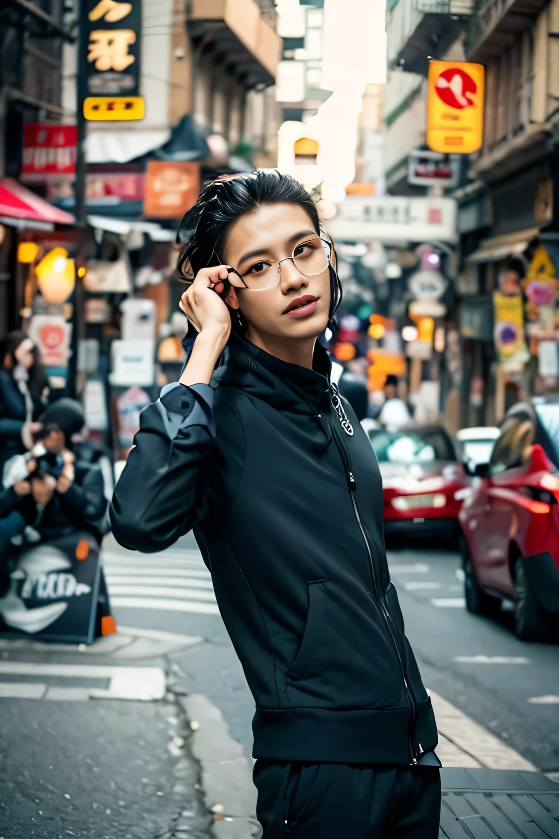 a masterpiece,Bestquality,offical art,8kwallpaper,Extremely Detailed,Illustration,1man,Trendy outfits,watch,sneaker shoes,sit,Hands droop naturally,Hooded jacket,Street,long pants black,