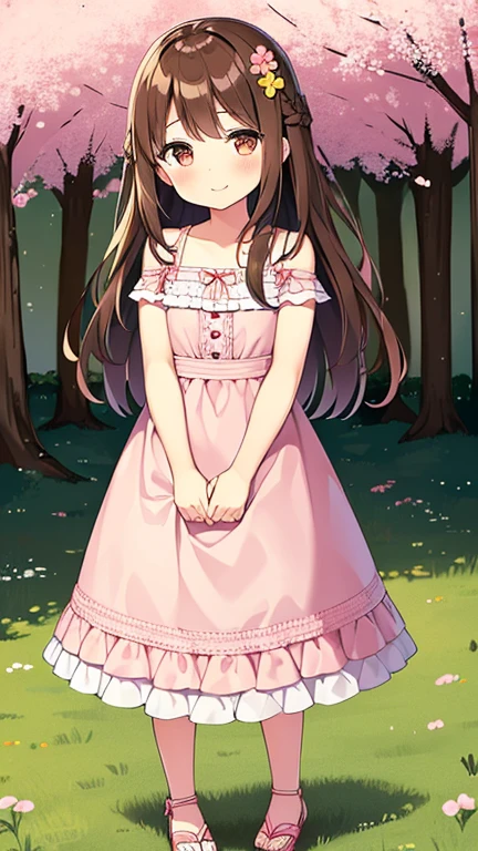 1 girl, brown hair, brown eyes, blush, , frilled dress, frills, pink dress, No sleeve, No sleeve dress, bare shoulders, blush, dress, print dress, flower柄, long hair, sandals, pink shoes, open your mouth, smile, alone, looking at the viewer, Are standing, Day, field, flower, flower field, outdoor