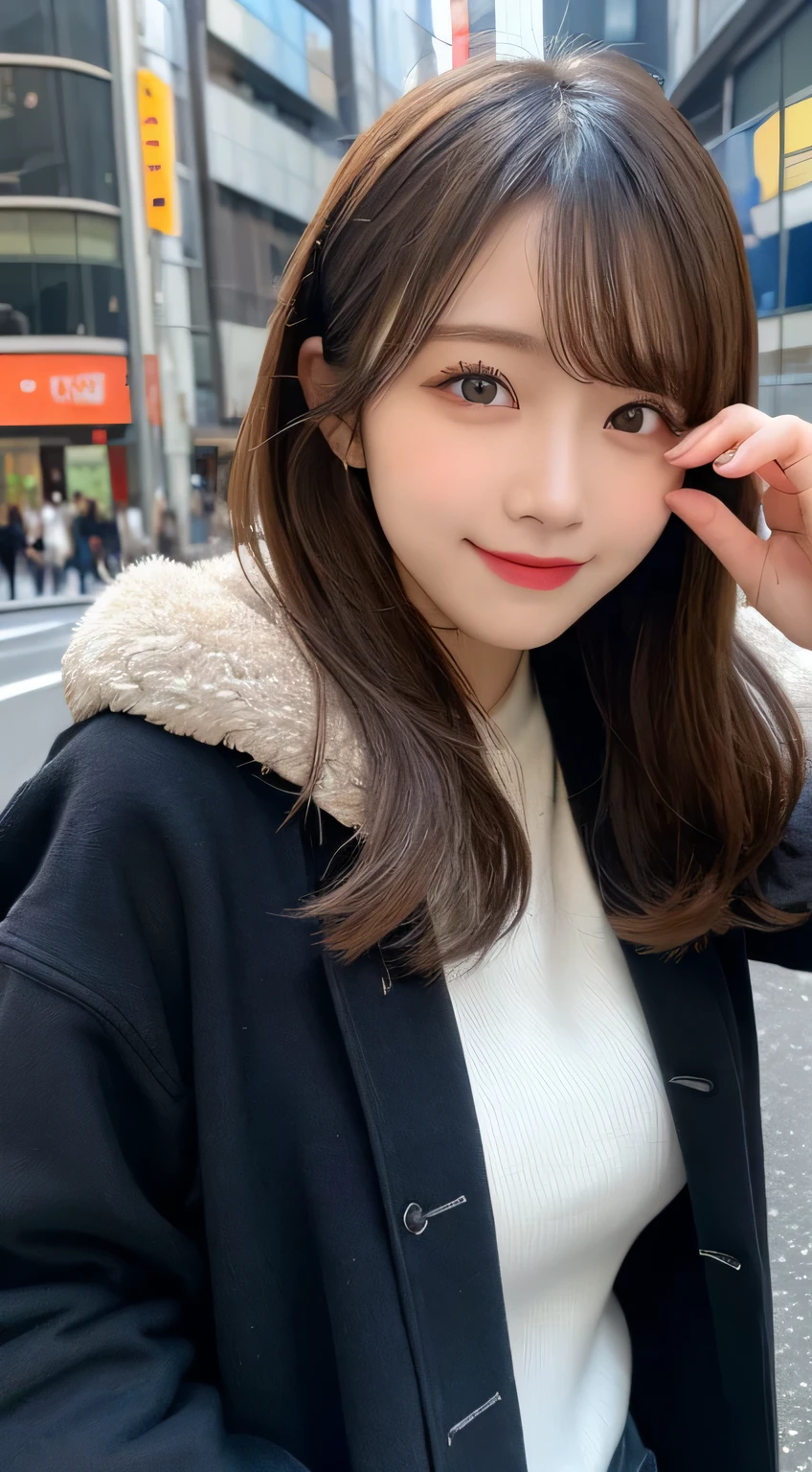 table top, highest quality, shape, Super detailed, finely, High resolution, 8k wallpaper, perfect dynamic composition shape, beautiful and detailed eyes, tokyo trend冬ファッション,tokyo trend&Introducing cute hairstyles at random, small breasts, natural color lip, random sexy pose,cute smile,big city、20 year old girl、Beautiful and dense face、perfect and beautiful face,Big eyes、Wear fluffy black outerwear with fur、beautiful and detailed face、perfect and beautiful double eyelids、blur the background、perfect and beautiful face、Feminine poses、blur the background