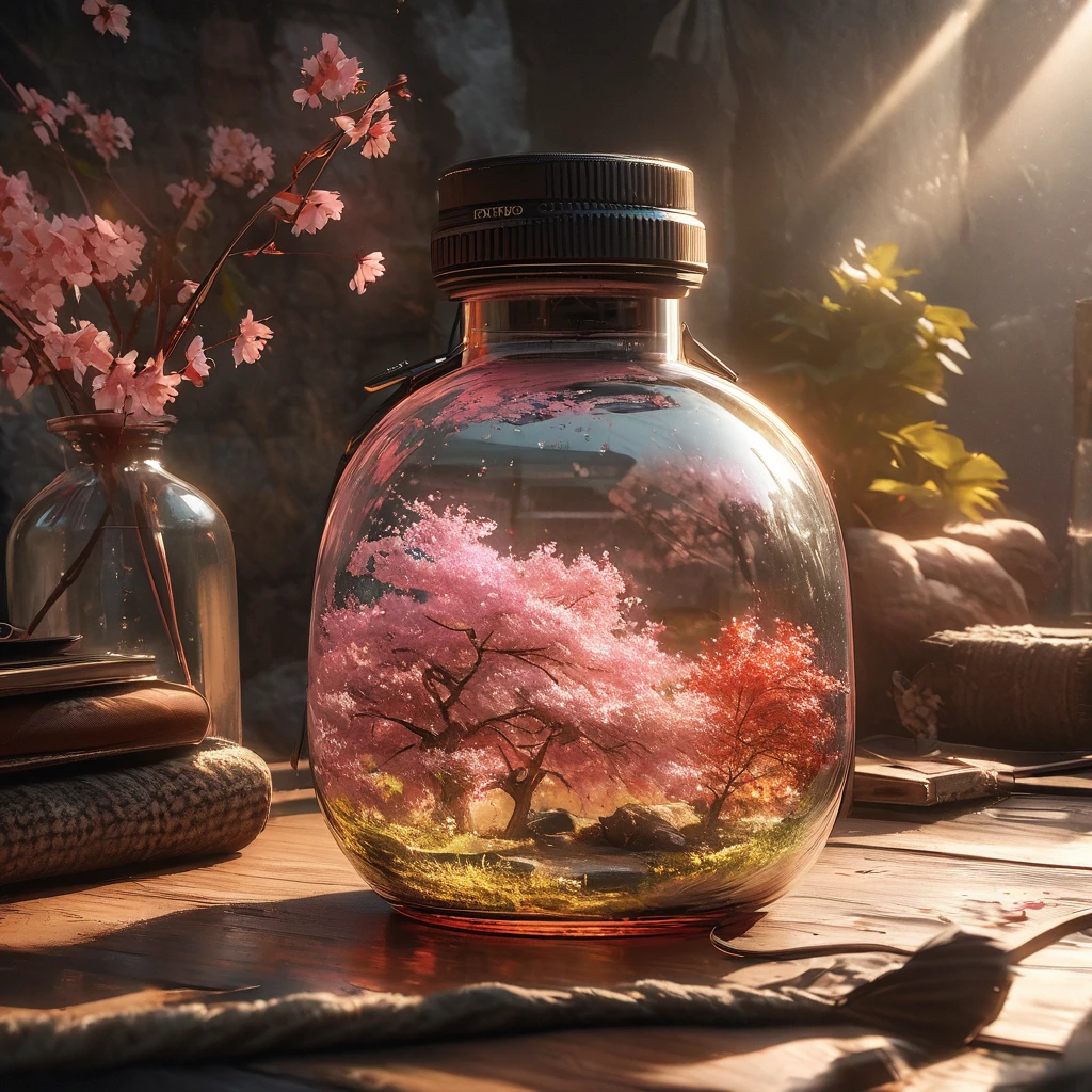 Cherry tree in a bottle, fluffy, actual, Atmospheric light refraction, Photo by Lee Jeffries, Nikon d850 film stock photo 4 kodak portra 400 camera f1.6 guns, rich and colorful, ultra actual actual textures, dramatic lighting, Unreal Engine Trends on artstation cinestill 800, Style-Glass