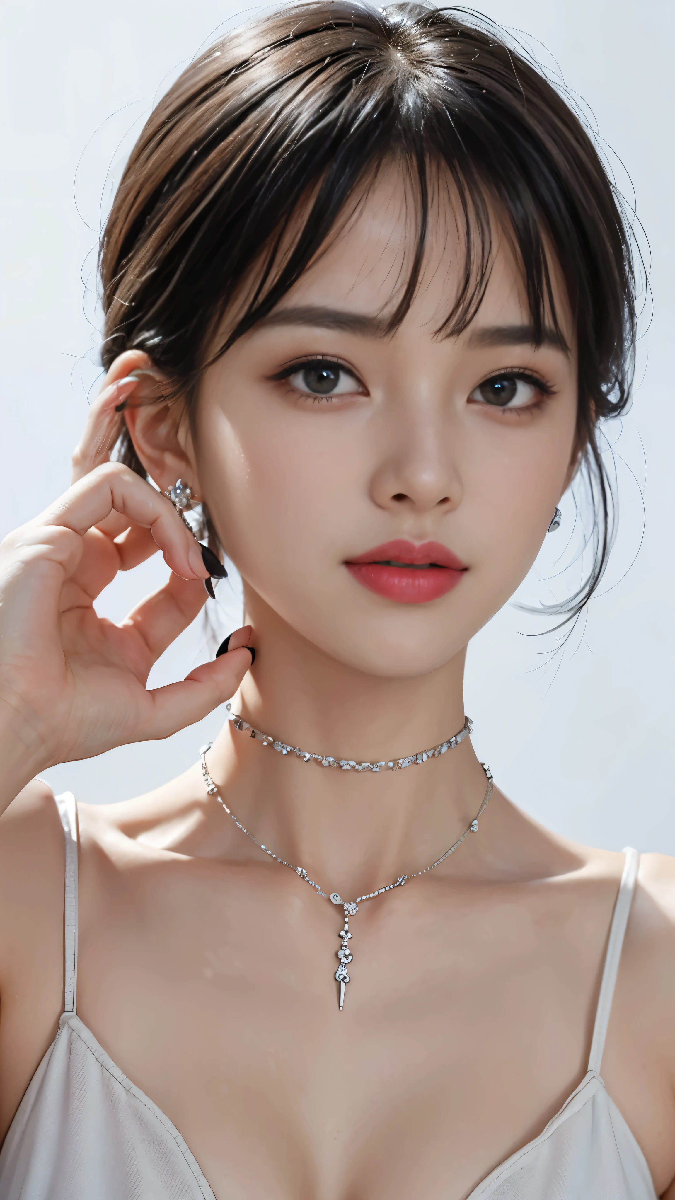 pilyeon, solo, 1girl, black nails, jewelry, short hair, looking at viewer, choker, necklace, hand on own face, piercing, white background, heart, closed mouth, grey eyes, nail polish, simple background, grey hair, ear piercing, black choker, smile, eyelashes, lips, hand on own cheek, bangs, bracelet, beads, gem, earrings, fingernails