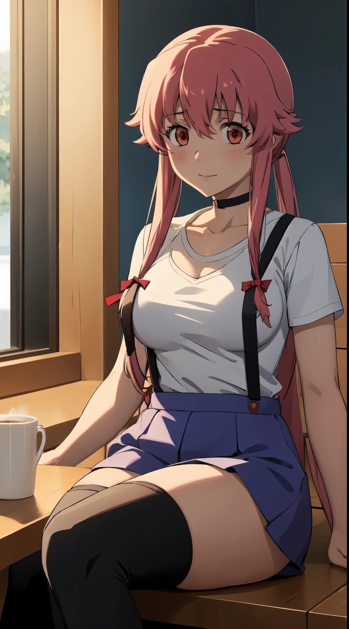 The depiction of Yuno Gasai enjoying a peaceful moment in a coffee shop during summer, adorned in a fashionable ensemble of black thigh-highs with suspenders, a white T-shirt, a gothic choker, and black boots, emphasizes her unique sense of style and contrasts with the intense and suspenseful scenes often associated with her character. The imagery captures a rare moment of tranquility and personal expression, showcasing a different side of Yuno beyond her intense persona. (large breasts:1.1), red eyes, happy,

