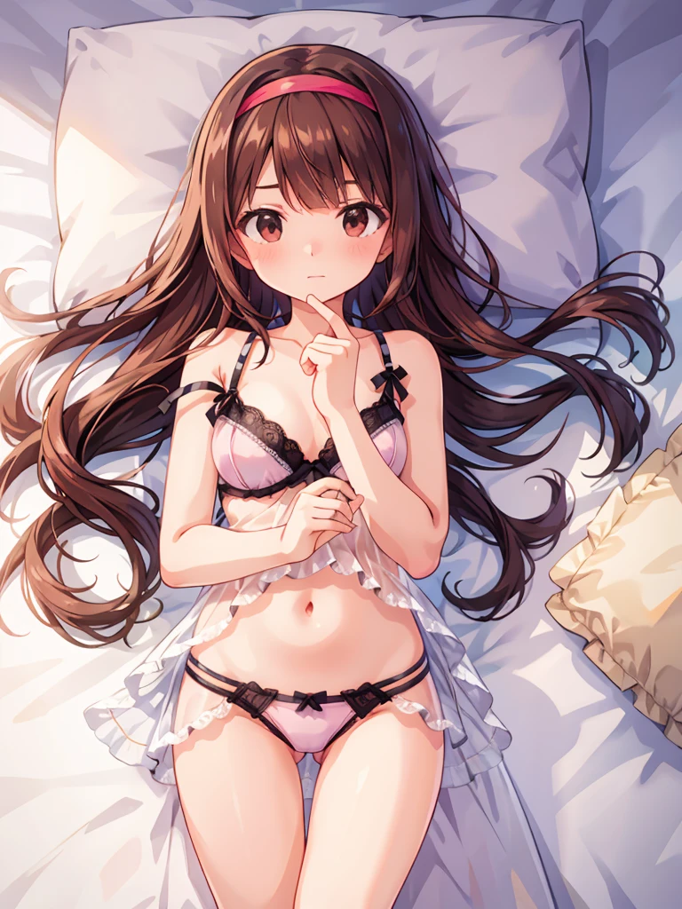masterpiece, beautiful illustrations, highest quality, pretty girl, 1girl, Bedroom, pastel colour, (two-separated lingerie), cute lingerie, reddish brown long hair, headband, bright lighting, presenting, looking at viewer, on bed, embarrassed