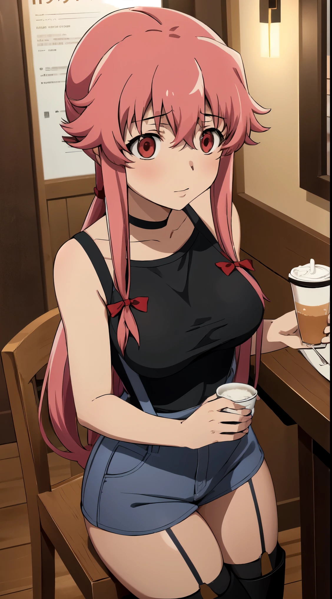 The depiction of Yuno Gasai enjoying a peaceful moment in a coffee shop during summer, adorned in a fashionable ensemble of black thigh-highs with suspenders, a white T-shirt, a gothic choker, and black boots, emphasizes her unique sense of style and contrasts with the intense and suspenseful scenes often associated with her character. The imagery captures a rare moment of tranquility and personal expression, showcasing a different side of Yuno beyond her intense persona. (large breasts:1.1), red eyes, happy,

