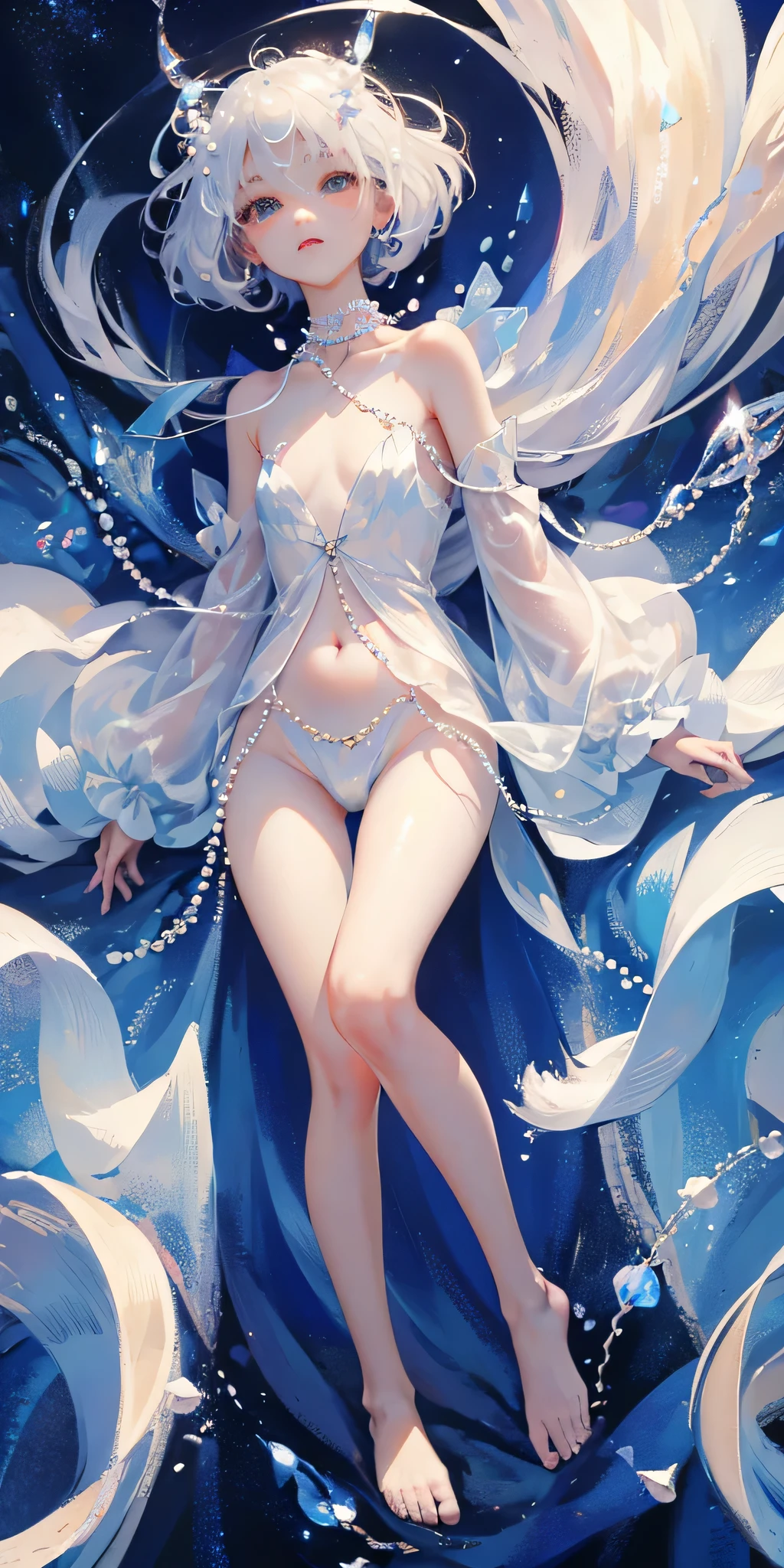 a girl、a baby face、Very cute、slim and beautiful、((small :1.2))、eyes well drawn、charming eyes、double tail、Wear jewelry and pearls around your neck,Transparent openwork、Deep V、Crystal Pearls、在Wear jewelry and pearls around your neck,white hair, Showing thighs, bare shoulders, showing clavicle, Yao Liu, barefoot,((whole body))、painful posture