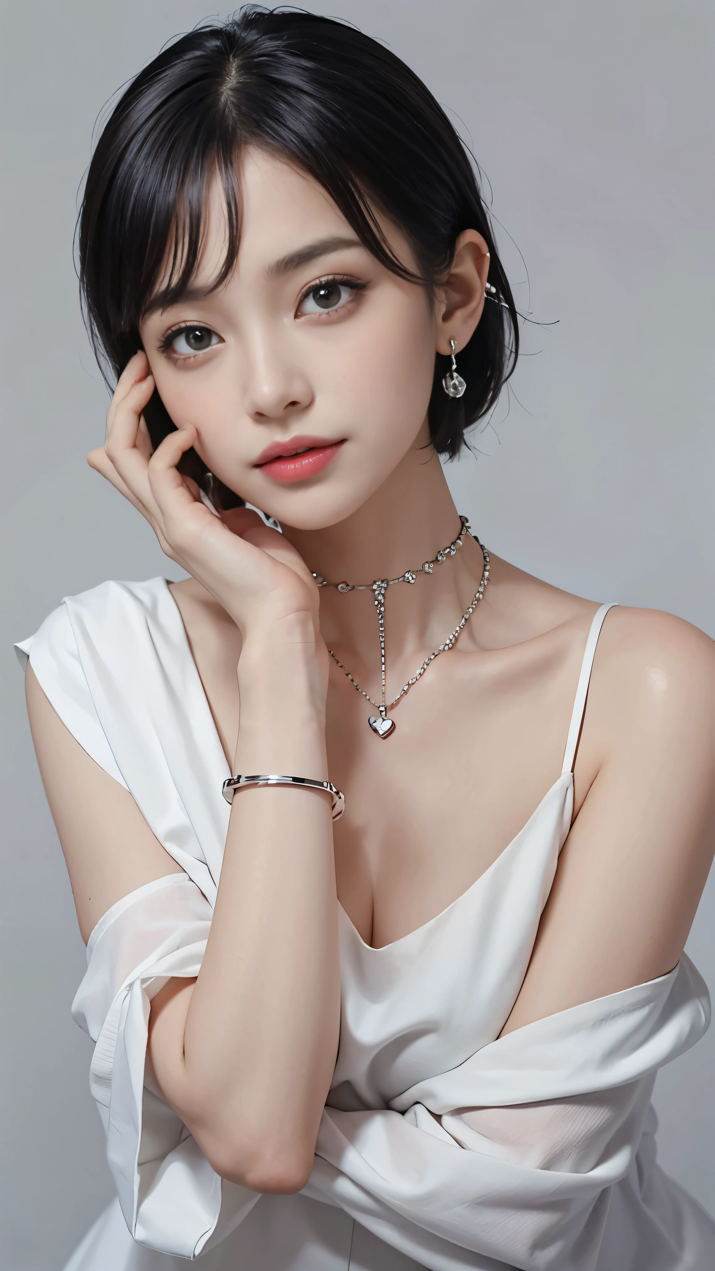 pilyeon, solo, 1girl, black nails, jewelry, short hair, looking at viewer, choker, necklace, hand on own face, piercing, white background, heart, closed mouth, grey eyes, nail polish, simple background, grey hair, ear piercing, black choker, smile, eyelashes, lips, hand on own cheek, bangs, bracelet, beads, gem, earrings, fingernails