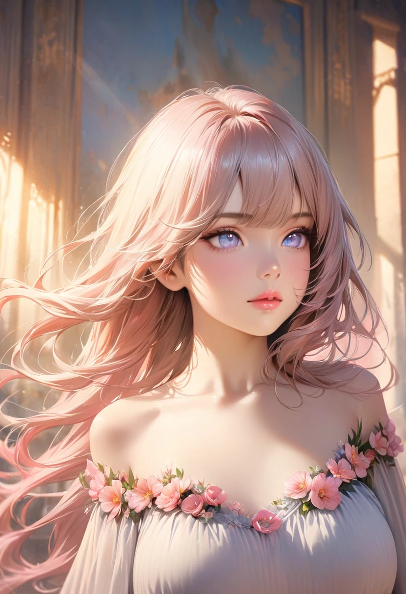 (masterpiece, best quality:1.2), 1girl, solo, pink lips, beautiful detailed eyes, flowing hair, soft sunlight, vibrant colors, pastel tones, dreamy atmosphere, delicate flowers, elegant dress, graceful pose, artistic background, fine brushstrokes, realistic portrait