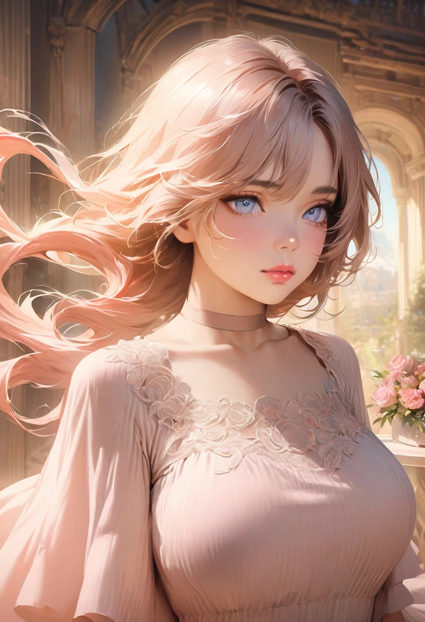 (masterpiece, best quality:1.2), 1girl, solo, pink lips, beautiful detailed eyes, flowing hair, soft sunlight, vibrant colors, pastel tones, dreamy atmosphere, delicate flowers, elegant dress, graceful pose, artistic background, fine brushstrokes, realistic portrait