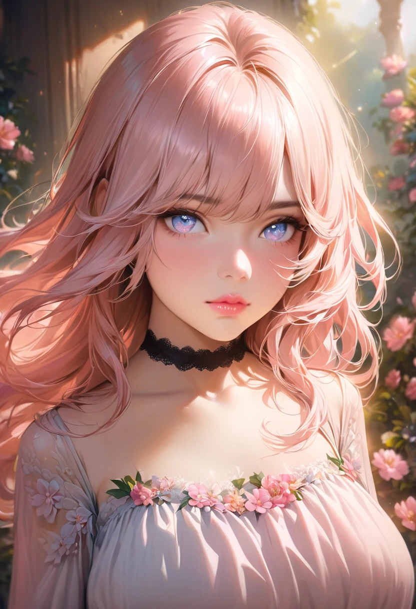 (masterpiece, best quality:1.2), 1girl, solo, pink lips, beautiful detailed eyes, flowing hair, soft sunlight, vibrant colors, pastel tones, dreamy atmosphere, delicate flowers, elegant dress, graceful pose, artistic background, fine brushstrokes, realistic portrait