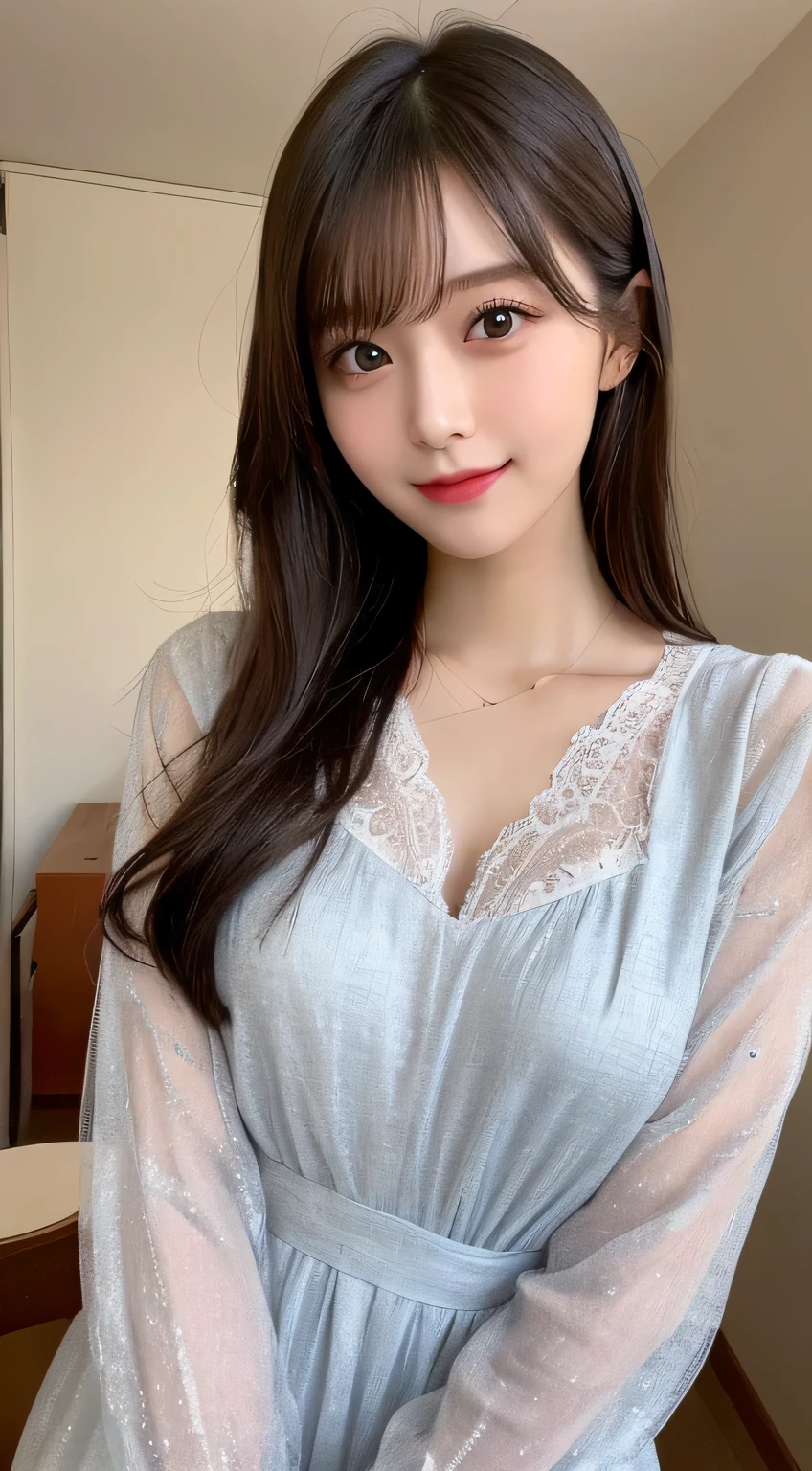 table top, highest quality, shape, Super detailed, finely, High resolution, 8k wallpaper, perfect dynamic composition shape, beautiful and detailed eyes, small breasts, natural color lip, random sexy pose,smile、20 year old girl、midnight、beautiful and elegant face、perfect and beautiful face,Big eyes、real photos（best image quality）,long dress、long sleeve blouse