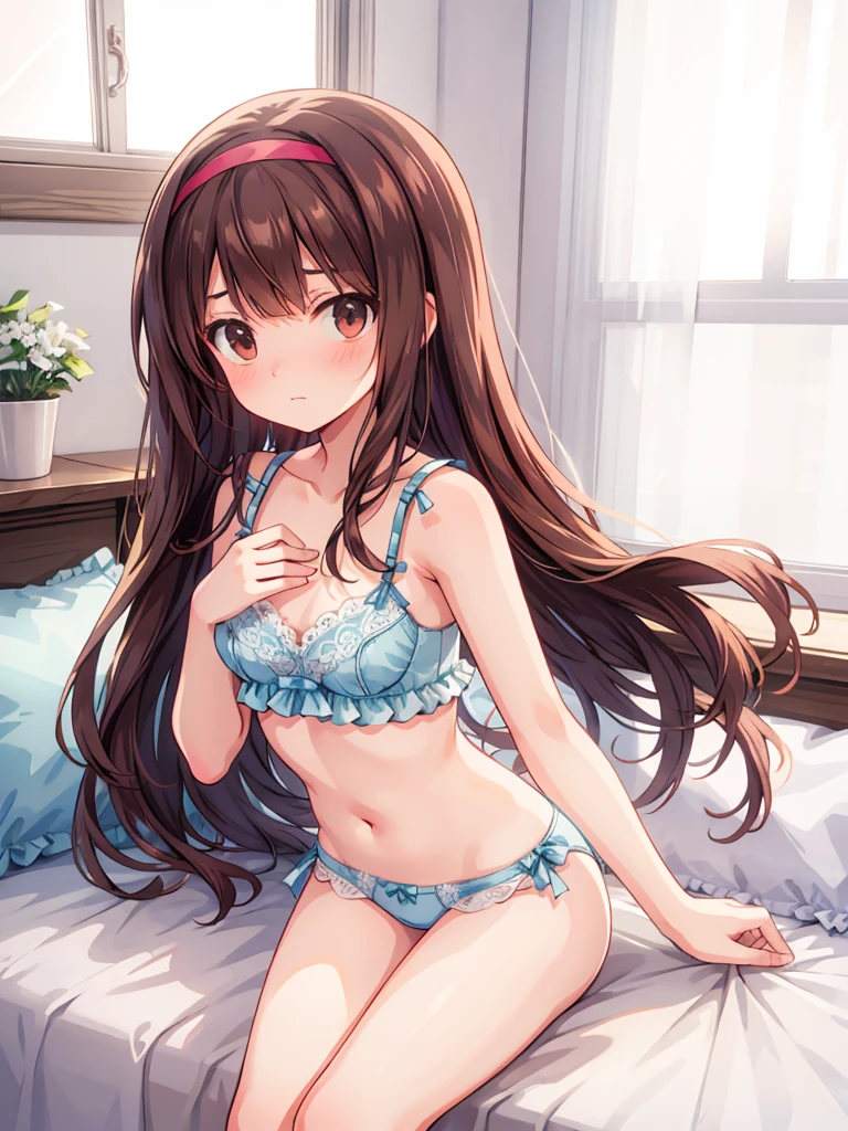 masterpiece, beautiful illustrations, highest quality, pretty girl, 1girl, Bedroom, pastel colour, (two-separated lingerie), cute lingerie, reddish brown long hair, headband, bright lighting, presenting, looking at viewer, on bed, embarrassed