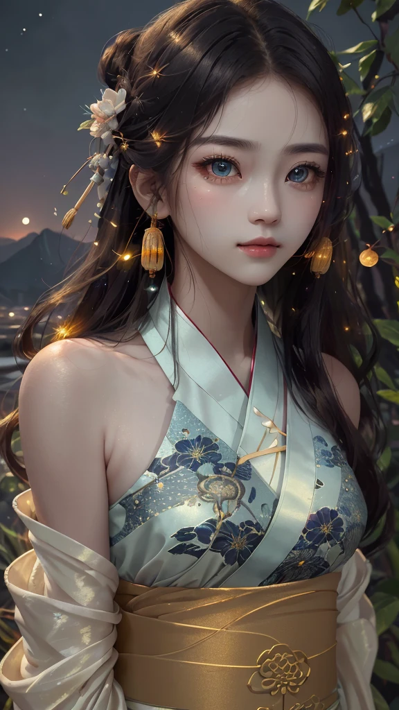 best quality, masterpiece, highres,
1girl, Detailed face, (Upper body:1.6), Chinese cities, mountains and rivers, end of sunset, moonlight, starry night, firefly lights, Realistic, rich in detail, (White hanfu:1.2), (beautiful body:1.4), epic, intricate