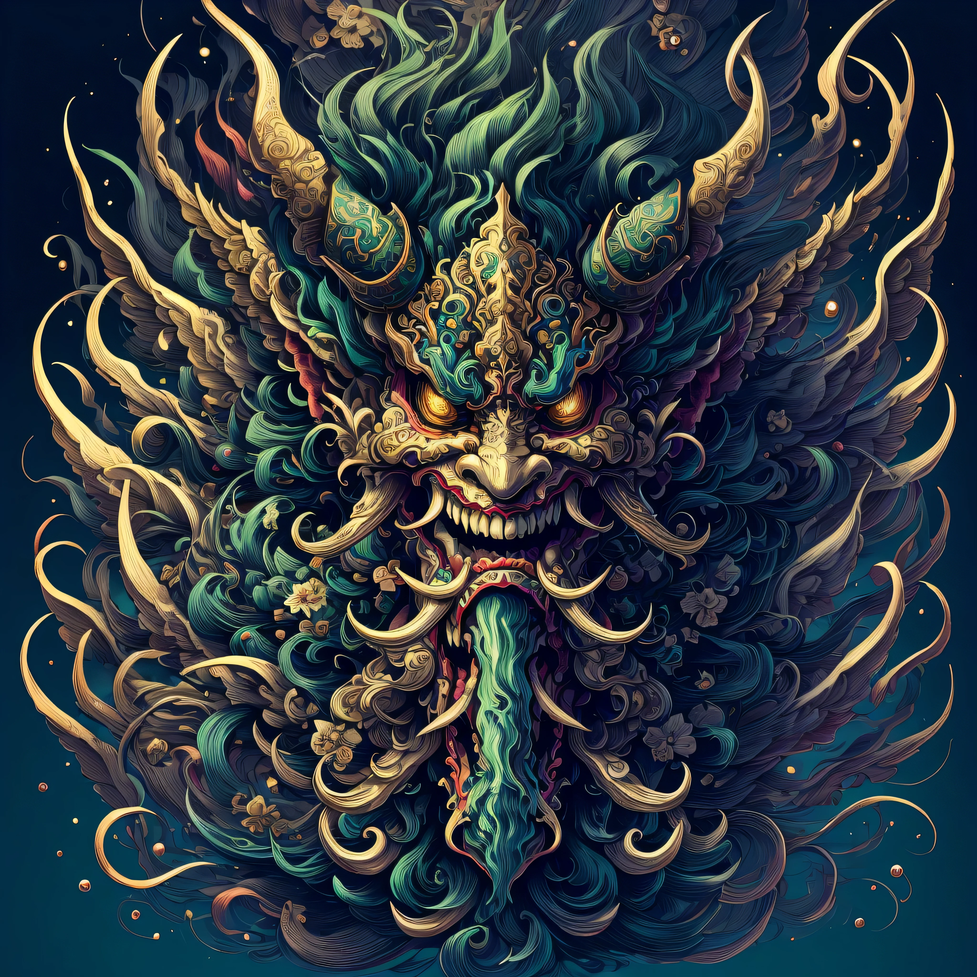 (masterpiece, top quality, best quality, official art, beautiful and aesthetic:1.2), a stunning art, abstract, flowery, centered, intricate, highly detailed, breathtaking beauty, precise line art, vibrant, comprehensive, cinematic, deep shadows, green Cthulhu 