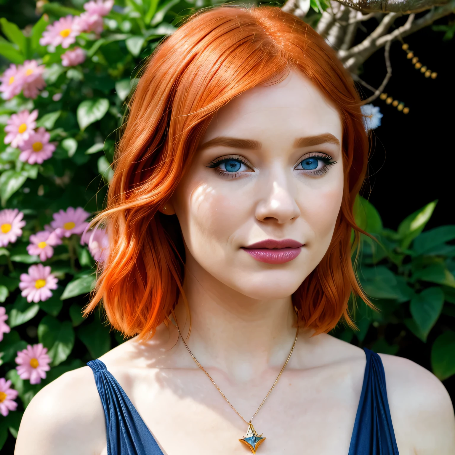 (masterpiece, best quality, 1girl, solo, intricate details, chromatic aberration), realistic, ((medium breath)),portrait shot, bryce dallas howard, ((vivid short orange hair)), 30 years old woman, triangule face, medium breast, sunny day, garden with flowers, depth of field, magic, big red lips, ((dark blue eyes)) (Detailed beautiful eyes) red and wite flowered long and full dress, covered chest, mystical atmosphere, (best quality:1.2), absurdres, intricate details, (highly detailed skin:1.2), smile expression, posing, taut and well defined body, attractive. Highly realistic, pale skin, beautiful, hyperrealism, skin very elaborated, direct gaze, AB JLEE3, Complex facial details for all characters, Expressive eyes and nose and mouth, unzoom, author：Jim Lee Right Section Centered, Key, Visual, Complex, Highly Detailed, Breathtaking, Precise Line Art, Vibrant Panorama Film

